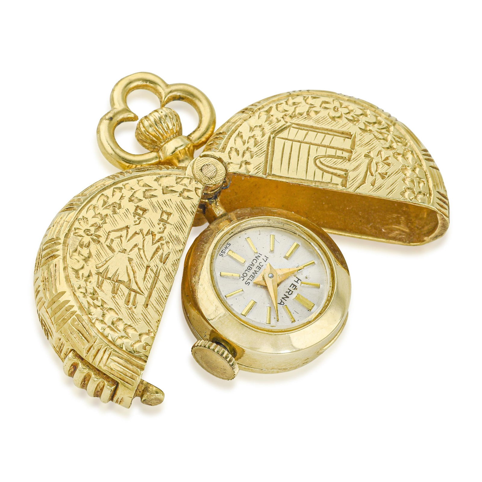 Vintage Herna Gold Pocket Watch: Summary of Key Characteristics • Metal: 14K yellow gold watch case, 18K yellow gold engraved hinged cover • Dimensions: 25 mm in diameter • Weight: 19.6 g. • Condition: In