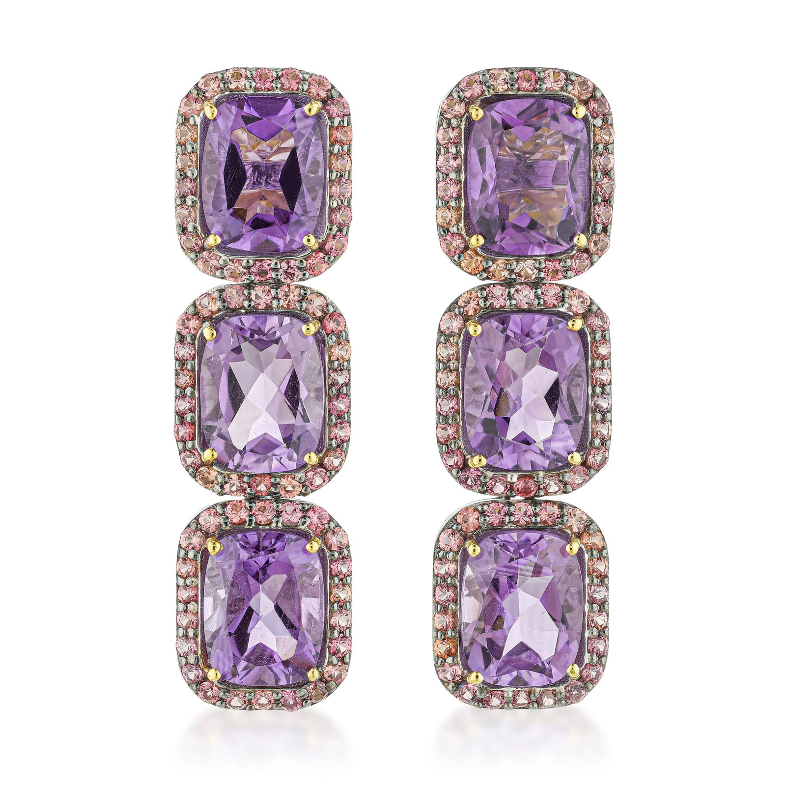 Amethyst and Sapphire Drop Earrings: Summary of Key Characteristics • Metal: Silver and 14K gold • Gemstone(s): Amethyst approx. 10.60 carats total; sapphires approx. 1.99 carats total • Measurements: 1-1/2 x 3/8