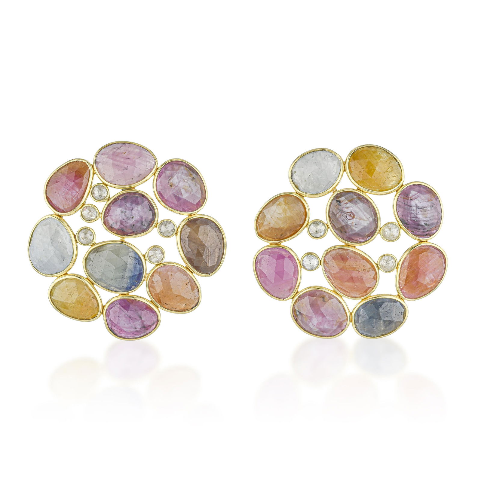 Multicolor Sapphire and Diamond Earrings: Summary of Key Characteristics • Metal: 18K yellow gold • Gemstone(s): Rose cut multicolor sapphires approx. 53.36 carats total; round cut diamonds approx. 1.20 carats total •