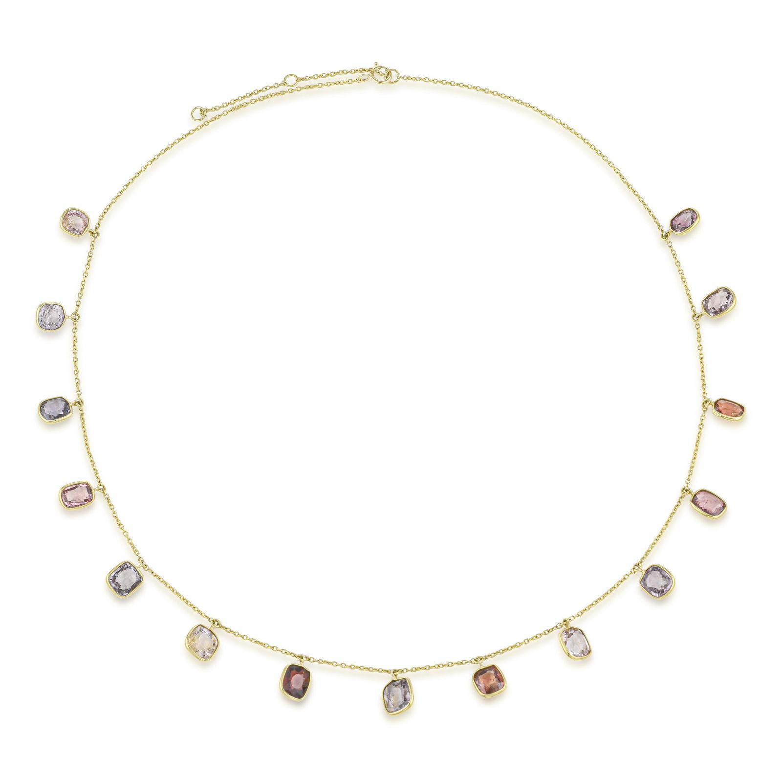 Multicolor Spinel Drop Chain Necklace: Summary of Key Characteristics • Metal: 18K yellow gold • Gemstone(s): Cushion cut multicolor spinels approx. 17.11 carats total, possibly Burmese origin • Measurements: