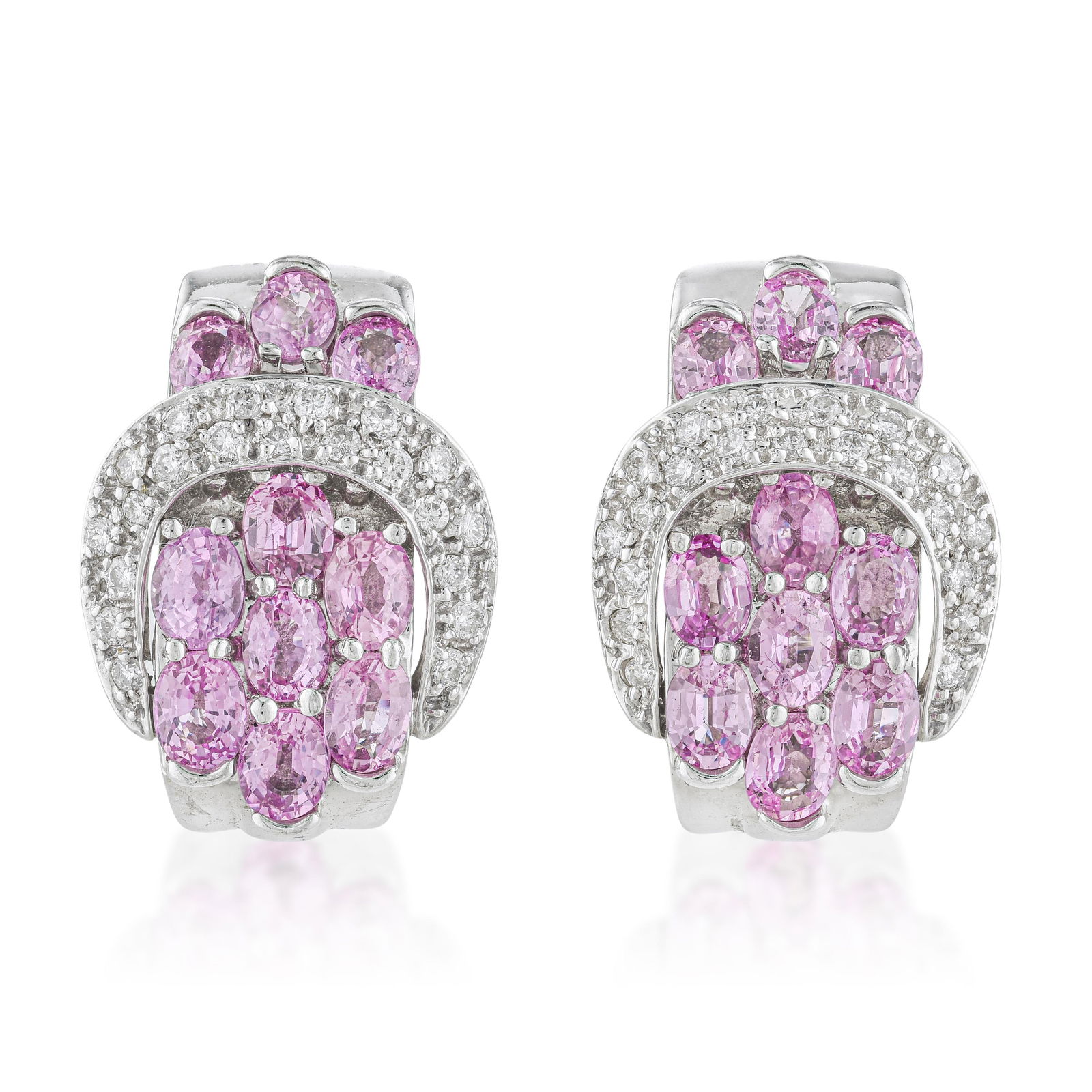 Buckle Pink Sapphire and Diamond Earrings: Summary of Key Characteristics • Metal: 14K white gold • Gemstone(s): Oval shape pink sapphire approx. 4.20 carats; round diamonds approx.0.58 carats total • Measurements: 20 mm at