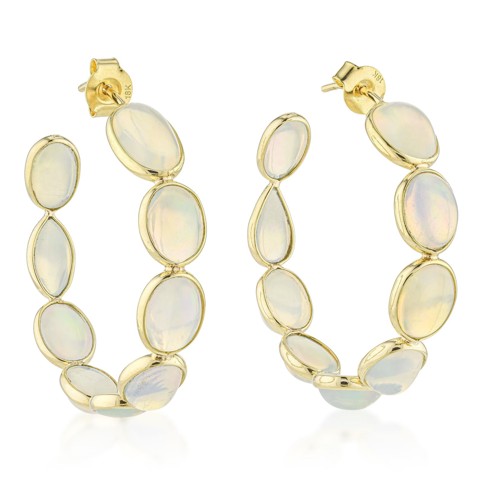 Opal Hoop Earrings: Summary of Key Characteristics • Metal: 18K yellow gold • Gemstone(s): White opal cabochons approx. 16.01 carats total • Measurements: 1-1/2 inches in diameter • Weight: