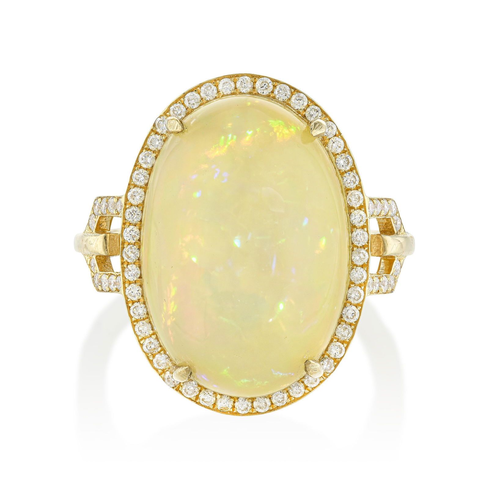 7.55-Carat Opal and Diamond Ring: Summary of Key Characteristics • Metal: 18K gold • Gemstone(s): White opal cabochon approx. 7.55 carats; round cut diamonds approx. 0.26 carat total • Measurements: 3/4 inch long 
