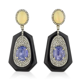Opal Tanzanite Onyx and Diamond Earrings