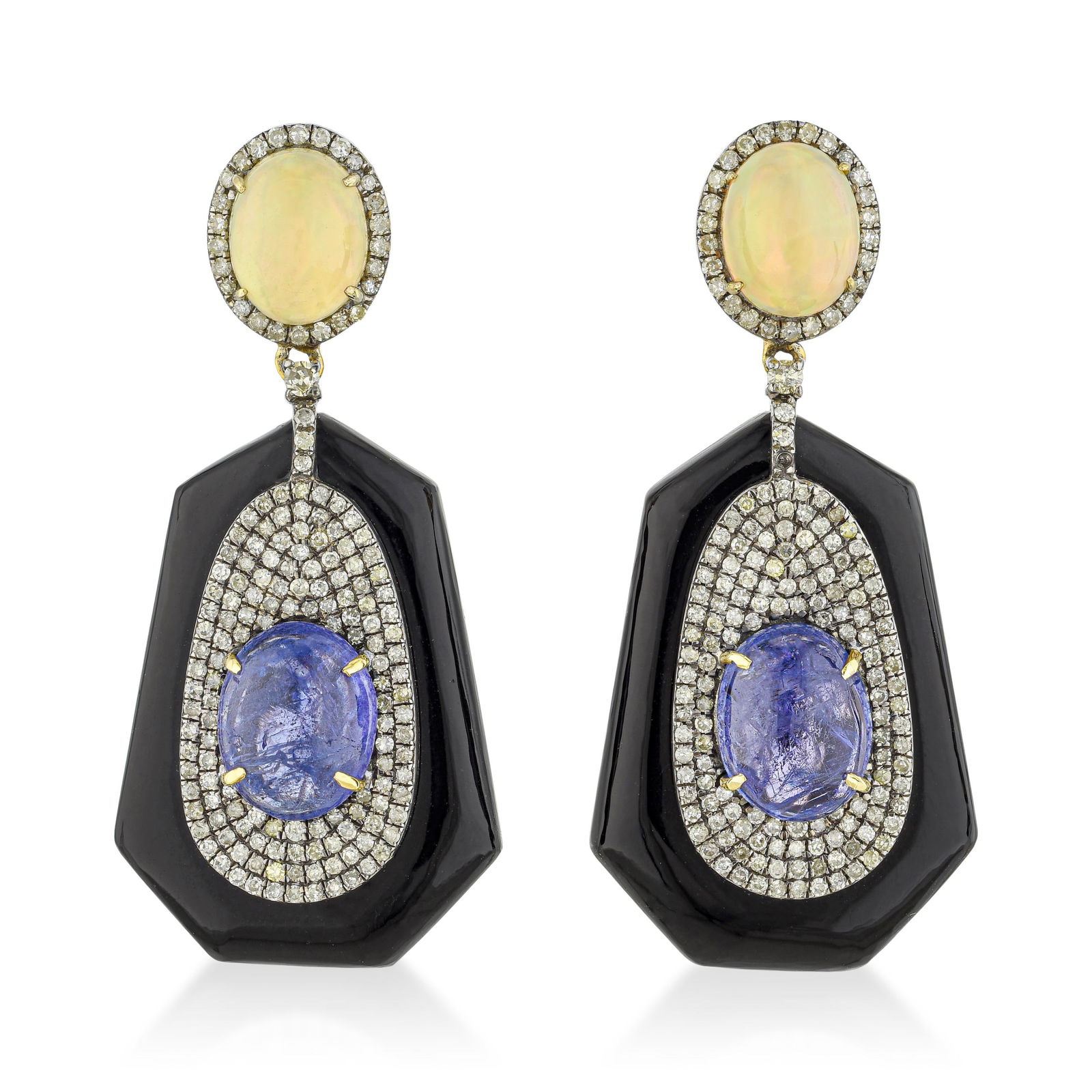 Opal Tanzanite Onyx and Diamond Earrings: Summary of Key Characteristics • Metal: Silver and 14K gold • Gemstone(s): White opal cabochons approx. 2.73 carats; black onyx approx. 26.25 carats total; tanzanite cabochons approx.