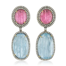Rubellite Aquamarine and Diamond Earrings