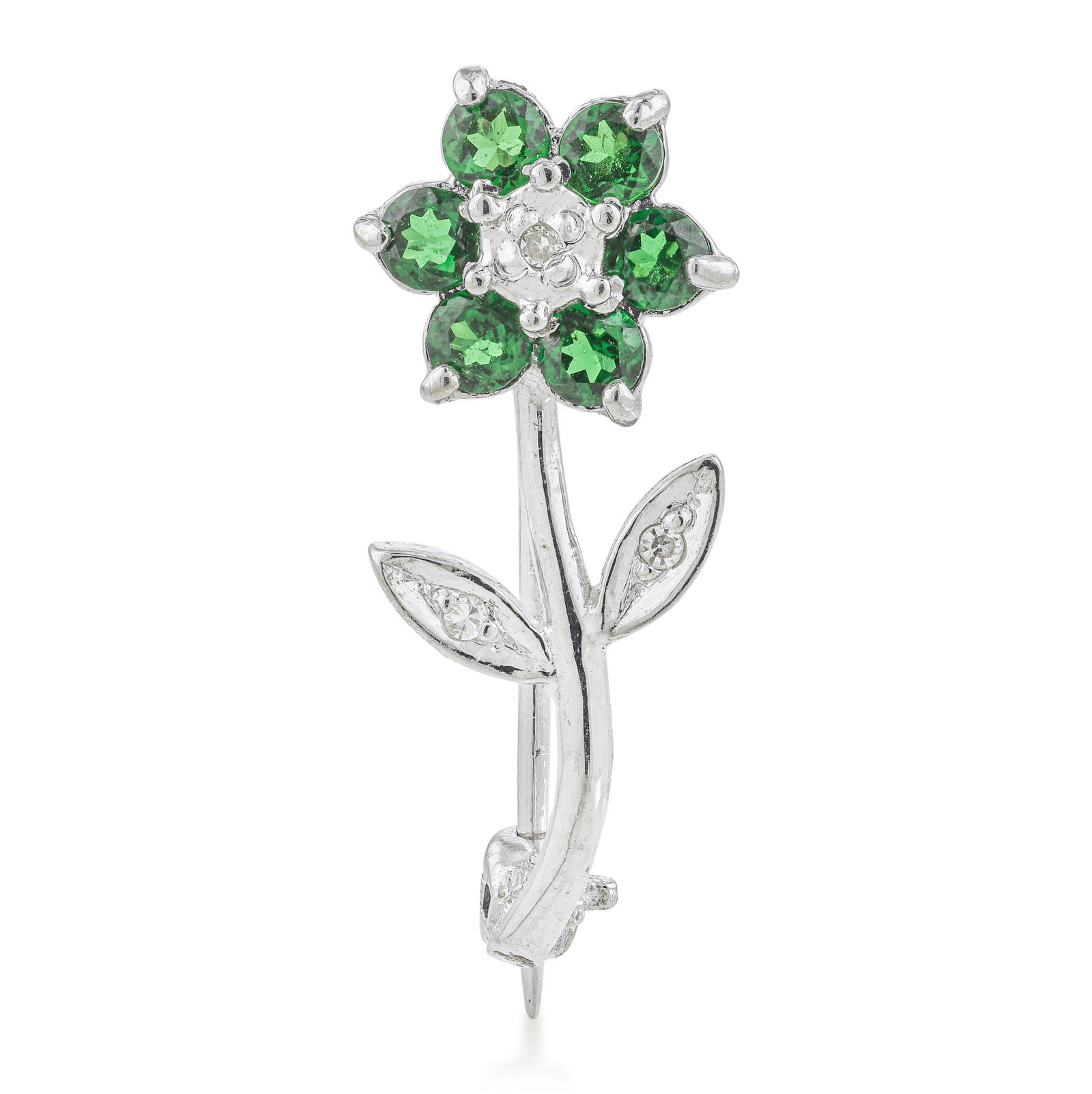 Tourmaline and Diamond Flower Pin: Summary of Key Characteristics • Metal: 14K white gold • Gemstone(s): Round tourmaline approx. 0.42 carats total • Measurements: 3/4 inch • Weight: 1.4 g. • Condition: