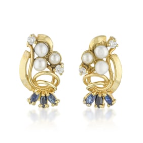 Vintage Sapphire Diamond and Pearl Earrings