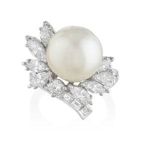Vintage Mid-Century Pearl and Diamond Cocktail Ring
