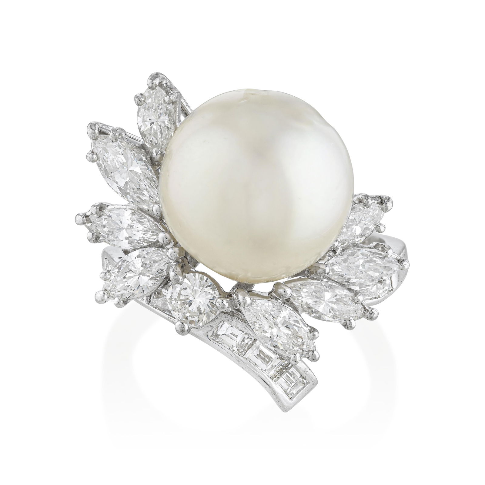 Vintage Mid-Century Pearl and Diamond Cocktail Ring: Summary of Key Characteristics • Metal: platinum • Gemstone(s): White round pearl approx. 13.2 mm; mix shape diamond approx. 2.75 carats total most, F-G/VS • Measurements: 1 inch