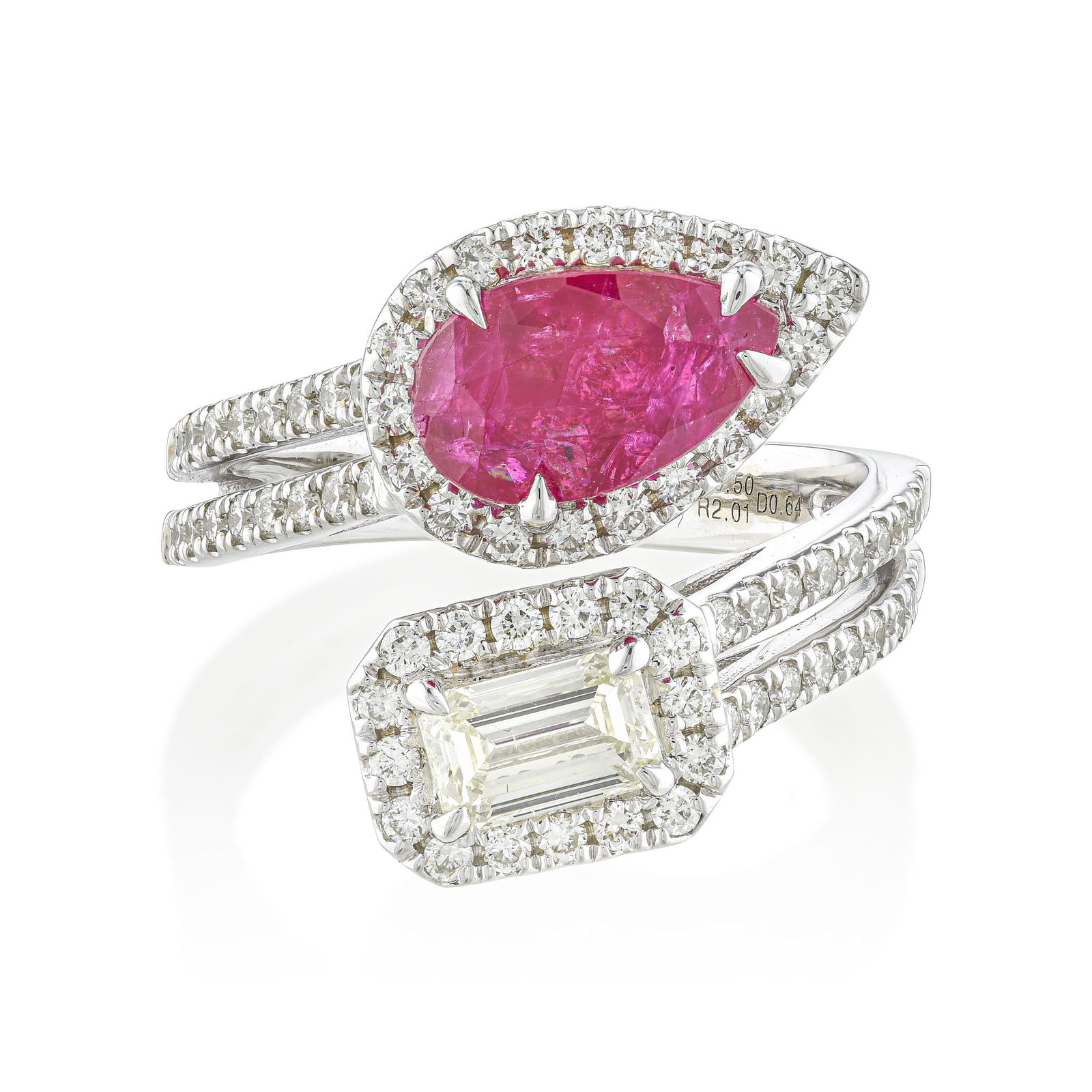 2.02-Carat Burmese Unheated Ruby and Diamond Bypass Ring, AGL Certified: Summary of Key Characteristics • Metal: 18K white gold • Gemstone(s): pear mix cut Burmese unheated ruby 2.02 carats; emerald cut diamond approx. 0.50 carat, J-K/SI; round brilliant cut