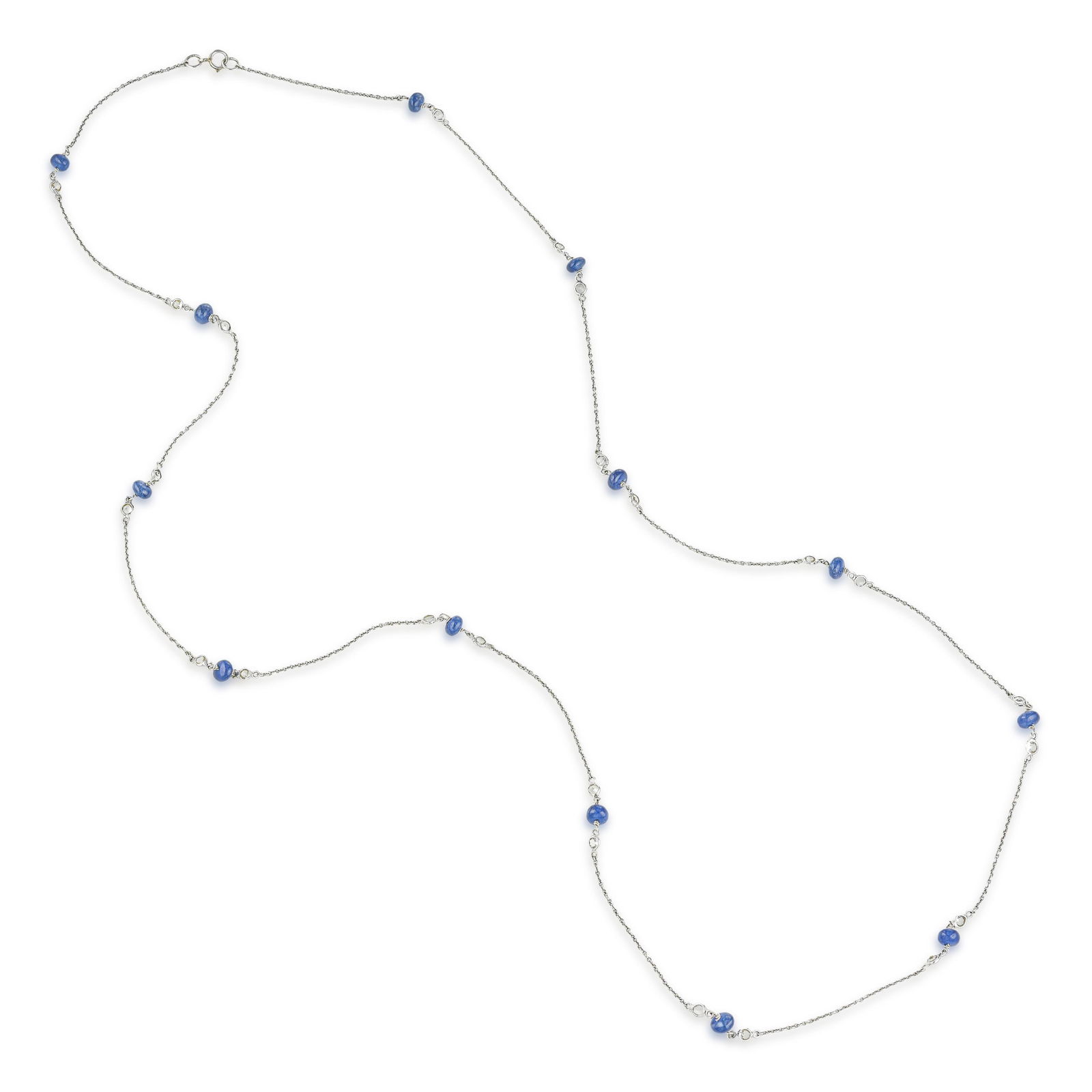 Sapphire and Topaz Long Chain Necklace: Summary of Key Characteristics • Metal: 18K white gold • Gemstone(s): Blue sapphires approx. 11.78 carats; white topaz approx. 1.77 carats total • Measurements: 29-1/2 inches 
