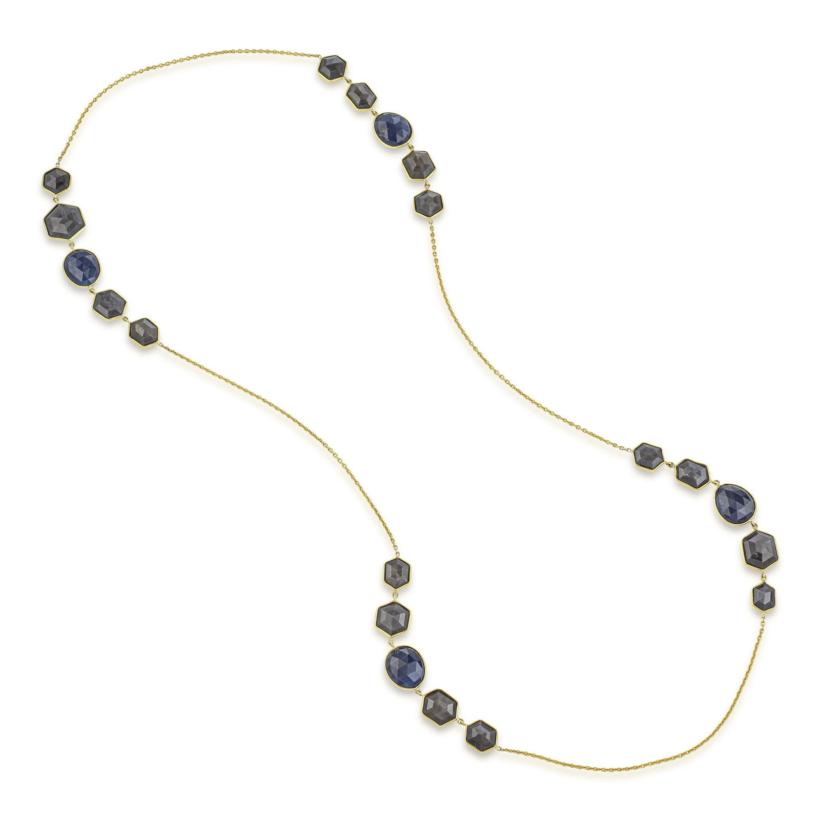 Chocolate and Blue Sapphire Long Chain Necklace: Summary of Key Characteristics • Metal: 18K yellow gold • Gemstone(s): Hexagon shape chocolate and blue sapphires approx. 66.00 carats total • Measurements: 23 inches, 7/16 inch