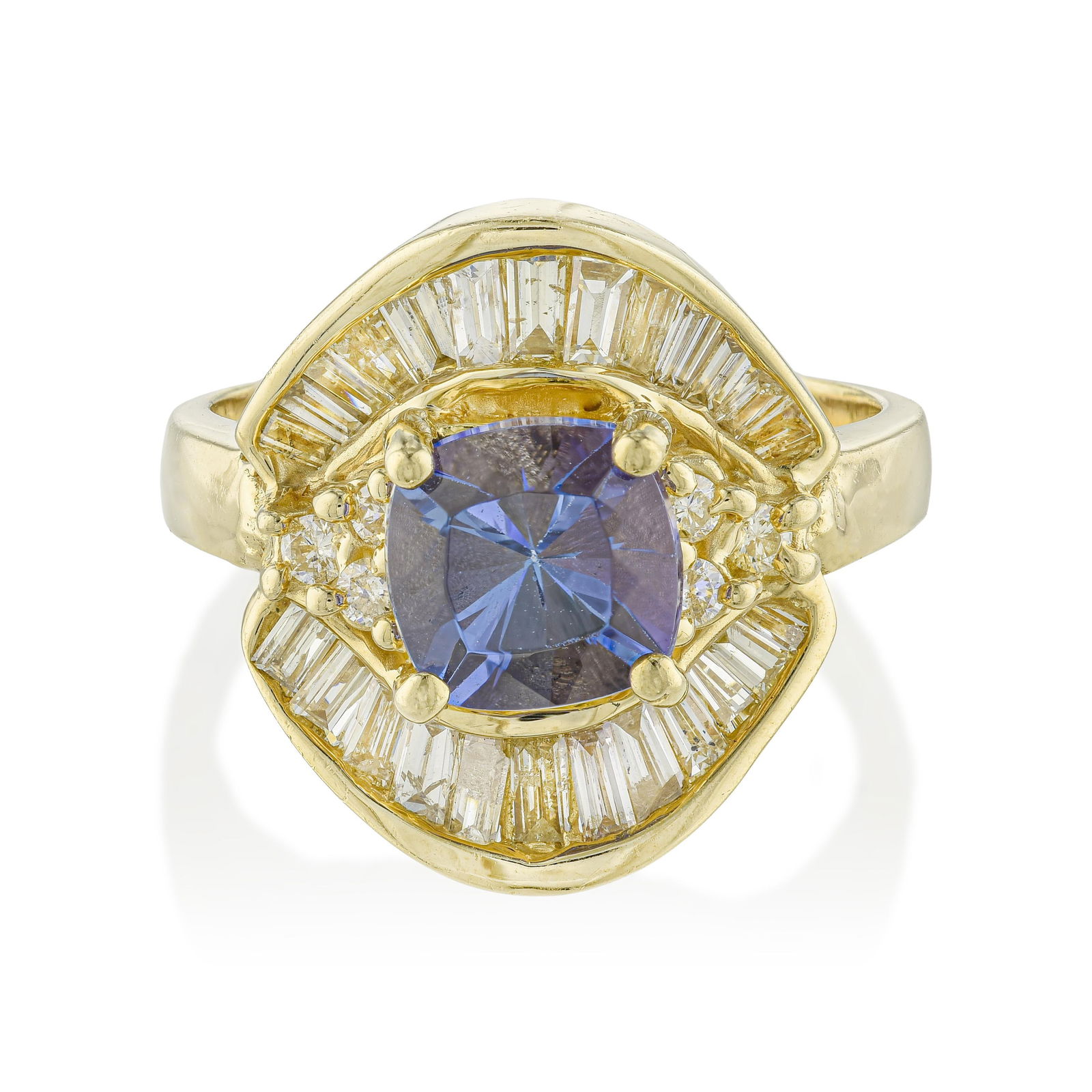 Sapphire and Diamond Ring: Summary of Key Characteristics • Metal: 14K yellow gold • Gemstone(s): Cushion cut sapphire approx. 1.50 carats; mix shape diamonds approx. 1.00 carats total, most H-I/SI •