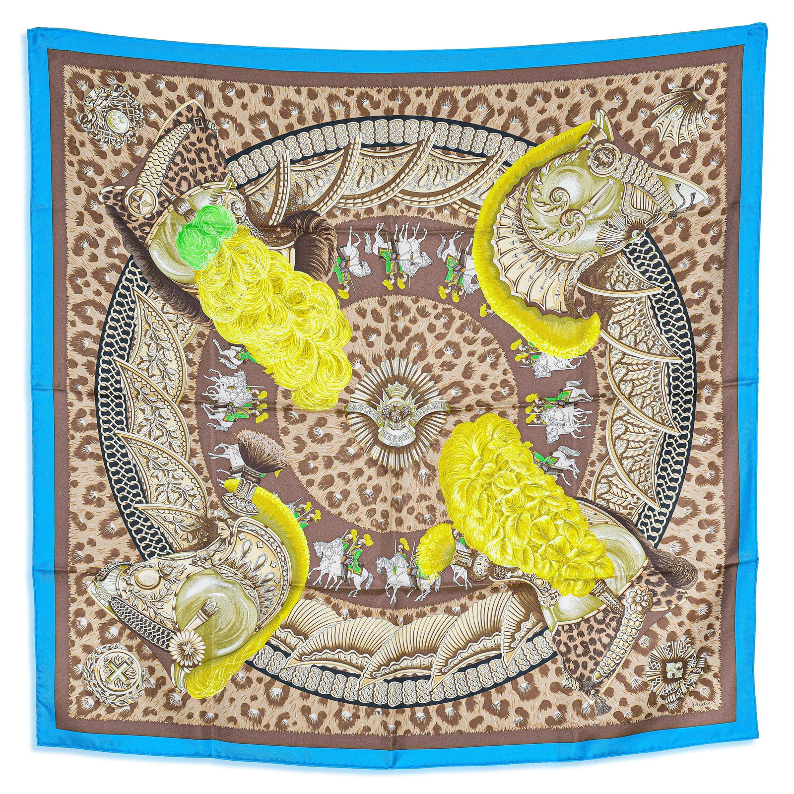 Hermes Casques et Plumets Silk Scarf by Julia Abadie, with Box: This exceptional Hermes Casques et Plumets silk scarf is a richly symbolic and visually striking design by Julia Abadie, celebrating Hermes' deep-rooted equestrian heritage and ceremonial artistry. Th