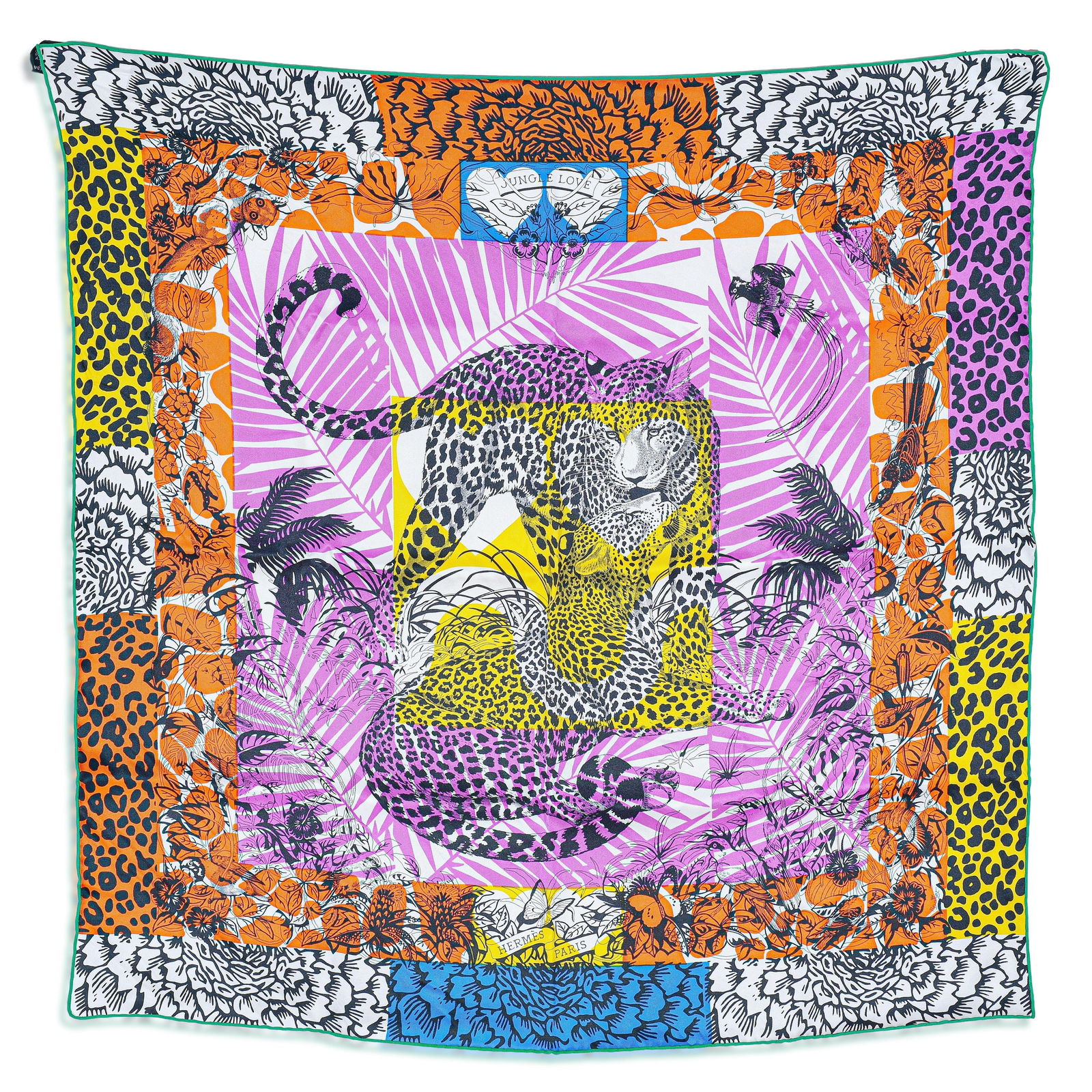 Hermes Jungle Love Silk Scarf, by Robert Dallet and Gianpaolo Pagni, with Box: This exquisite Hermes “Jungle Love” silk scarf is a celebrated design originally created by Robert Dallet and later reimagined by Gianpaolo Pagni, bringing new vitality to one of Hermes’