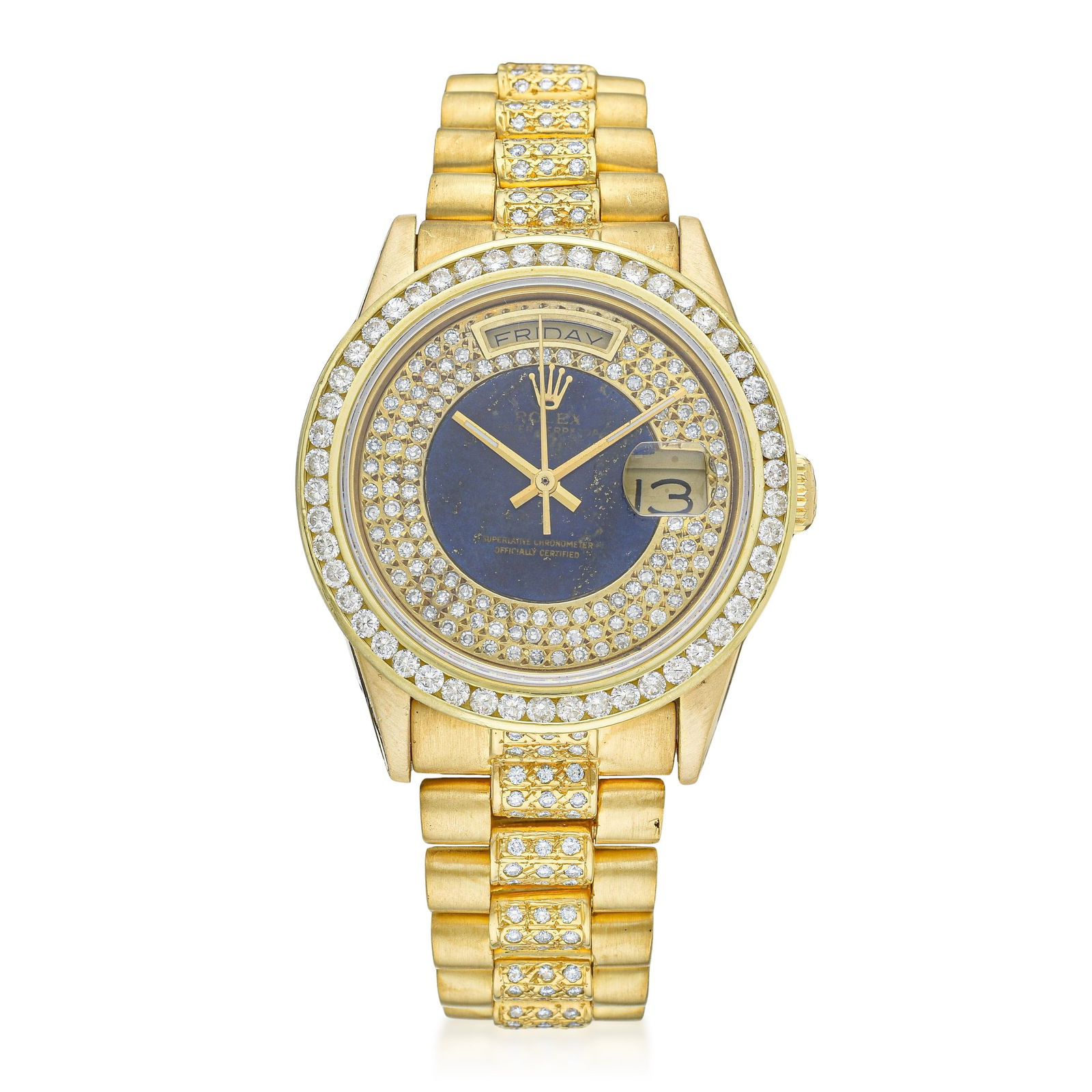 Rolex Day-Date in 18K Gold with Lapis and Diamond Dial: Summary of Key CharacteristicsCIRCA: 1987 CASE MATERIAL: 18K yellow gold DIAL: Sector dial with lapis center and diamond pave on the outer part. Date aperture at the "3" hour marker. Day aperture at t