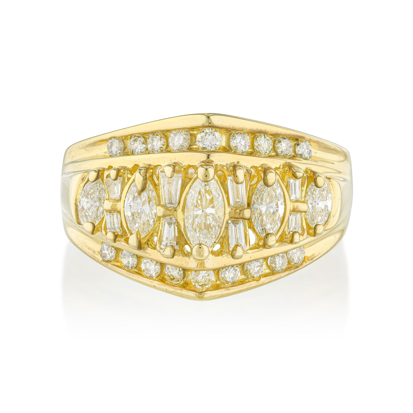 Marquise and Baguette Diamond Band: Summary of Key Characteristics • Metal: 14K yellow gold • Gemstone(s): Mix shape diamonds approx. 1.00 carats total most H-I/SI • Measurements: 12 mm at widest • Ring Size: 7