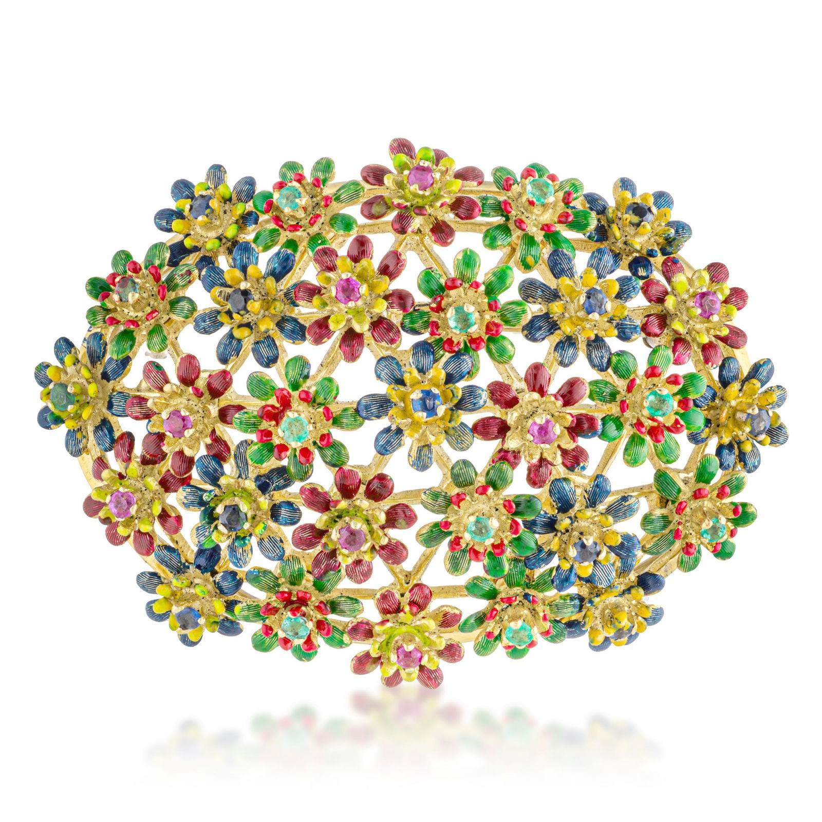 Vintage Multi-Color Gem and Enamel Brooch: Summary of Key Characteristics • Metal: 18K yellow gold • Measurements: 2 inches long • Weight: 29 g. • Condition: In very good condition • Stamped: 18K,italy 