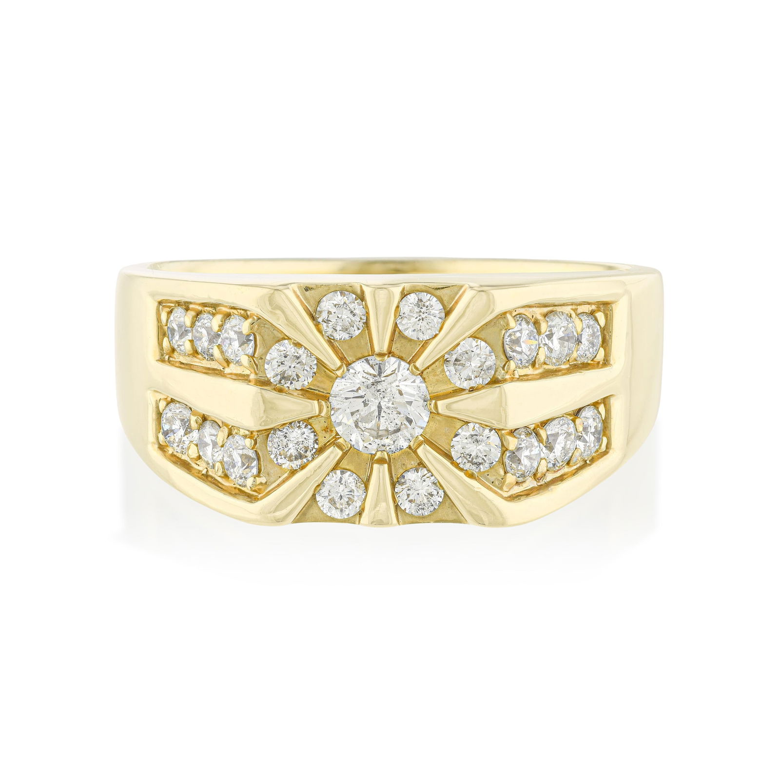 Men's Diamond Ring: Summary of Key Characteristics • Metal: 14K yellow gold • Gemstone(s): Round brilliant cut diamonds approx. 1.00 carats total, most H-I/SI • Measurements: 10 mm at widest •