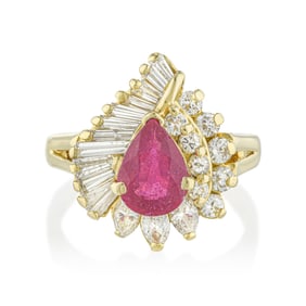 Pear Ruby and Diamond Cocktail Ring