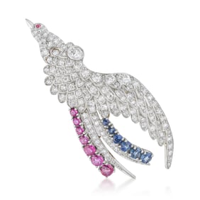 Vintage Diamond Sapphire and Ruby Bird Brooch