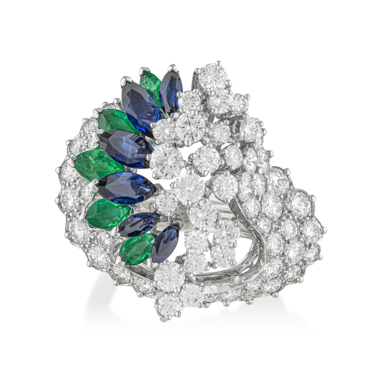 Diamond Emerald and Sapphire Ring: Summary of Key Characteristics • Metal: platinum • Gemstone(s): Round brilliant cut diamonds approx. 4.00 carats total, most F-G/VS • Measurements: 18 mm at widest • Ring