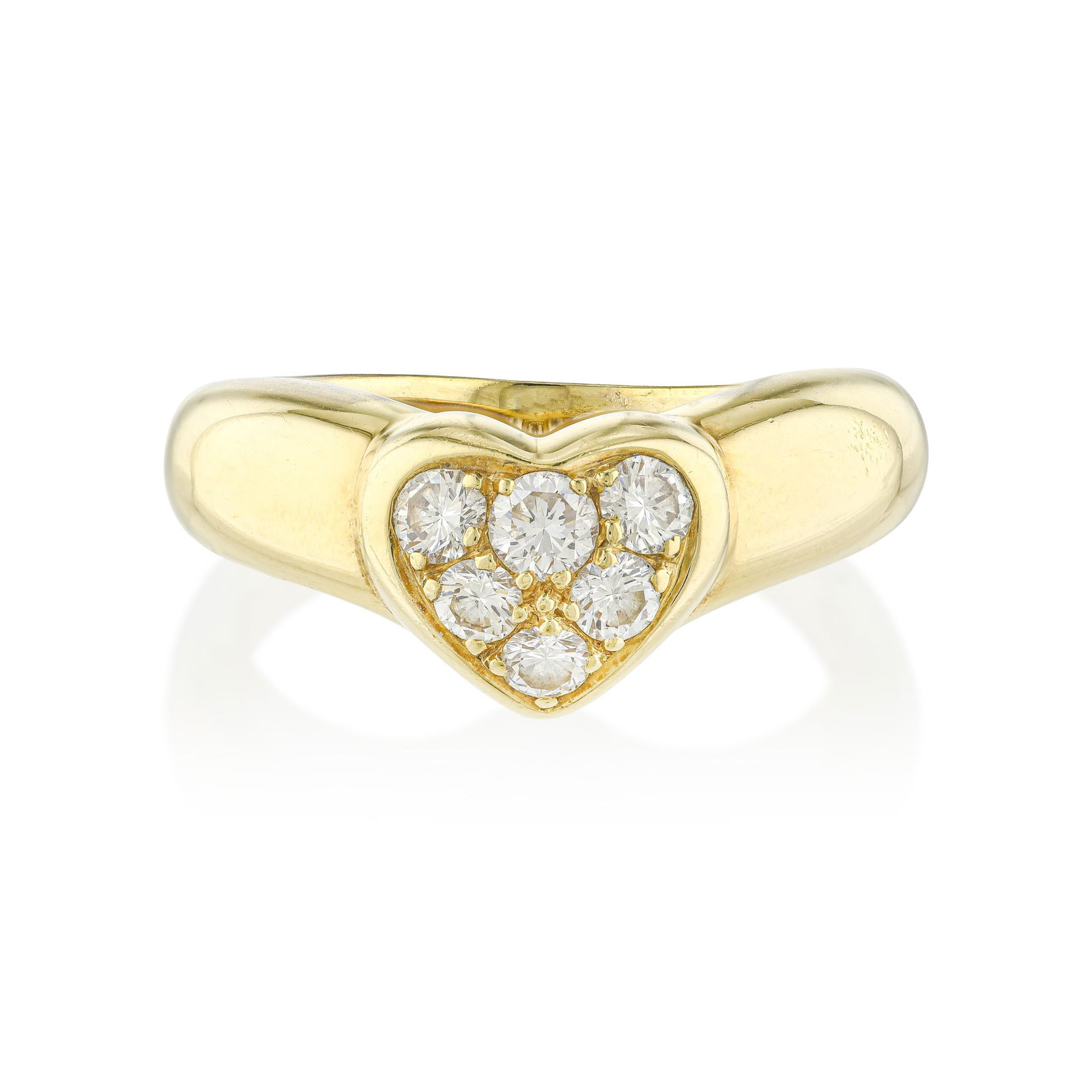 Tiffany & Co. Heart Diamond Ring: Summary of Key Characteristics • Metal: 18K yellow gold • Gemstone(s): Round brilliant cut diamonds approx. 0.25 carats total, most F-G/VS • Measurements: 7 mm at widest •