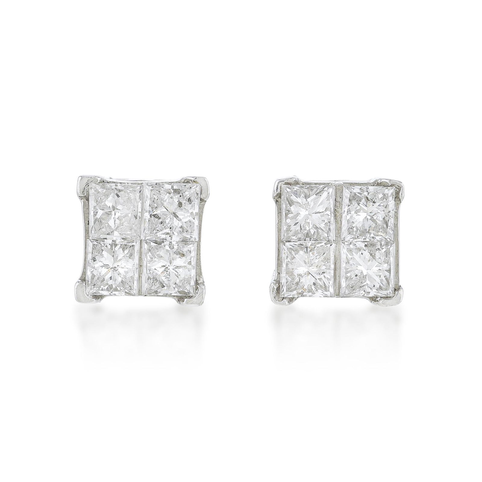 Princess Cut Diamond Stud Earrings In Platinum: Summary of Key Characteristics • Metal: platinum • Gemstone(s): (8) princess cut diamonds approx. 0.50 carats total , most G-H/SI • Measurements: 5 mm wide • Weight: 2.5 g. 