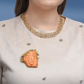 Vintage Bacchus in Grapevines Carved Coral Brooch