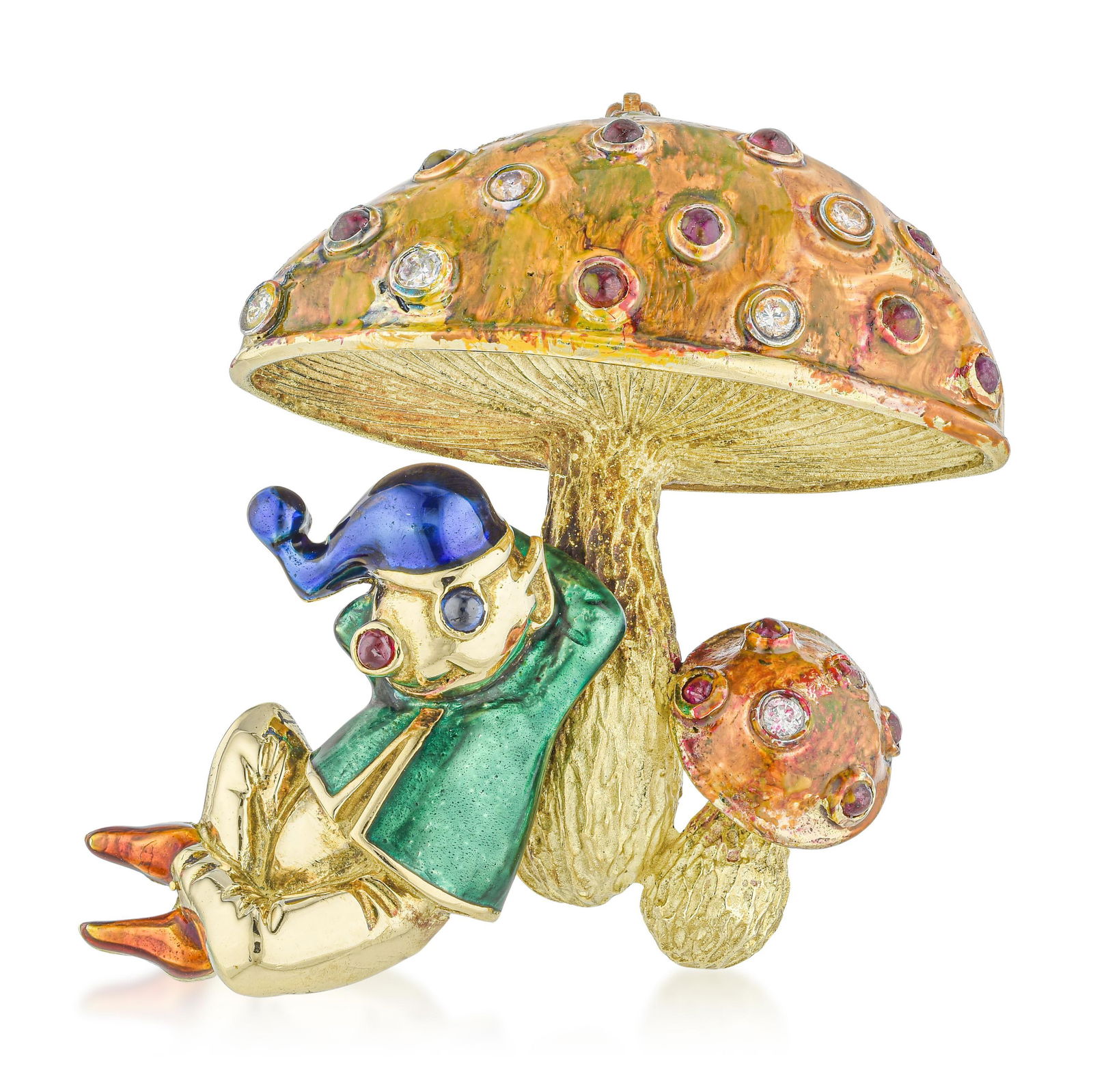 Vintage Enamel Mushroom Brooch: Summary of Key Characteristics • Metal: 18K yellow gold • Measurements: 1 1/2 inch long • Weight: 21.7 g. • Condition: In very good condition. • Stamped: 18K Global