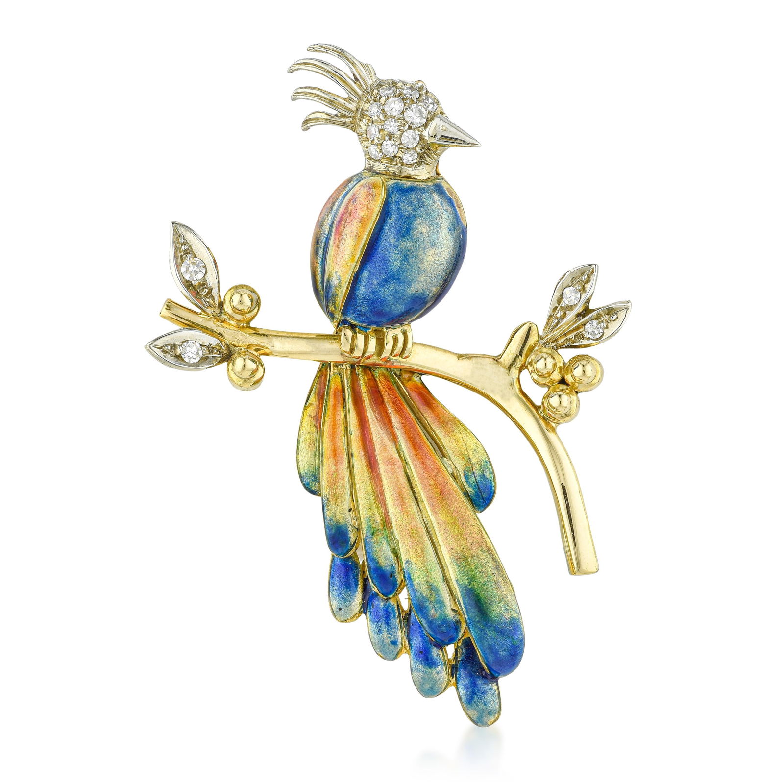 Vintage Exotic Bird Enamel Brooch: Summary of Key Characteristics • Metal: 18k white gold • Gemstone(s): round cut diamonds approx.0.25 carats total • Measurements: 1 1/2 inch long • Weight: 10.9 g. •