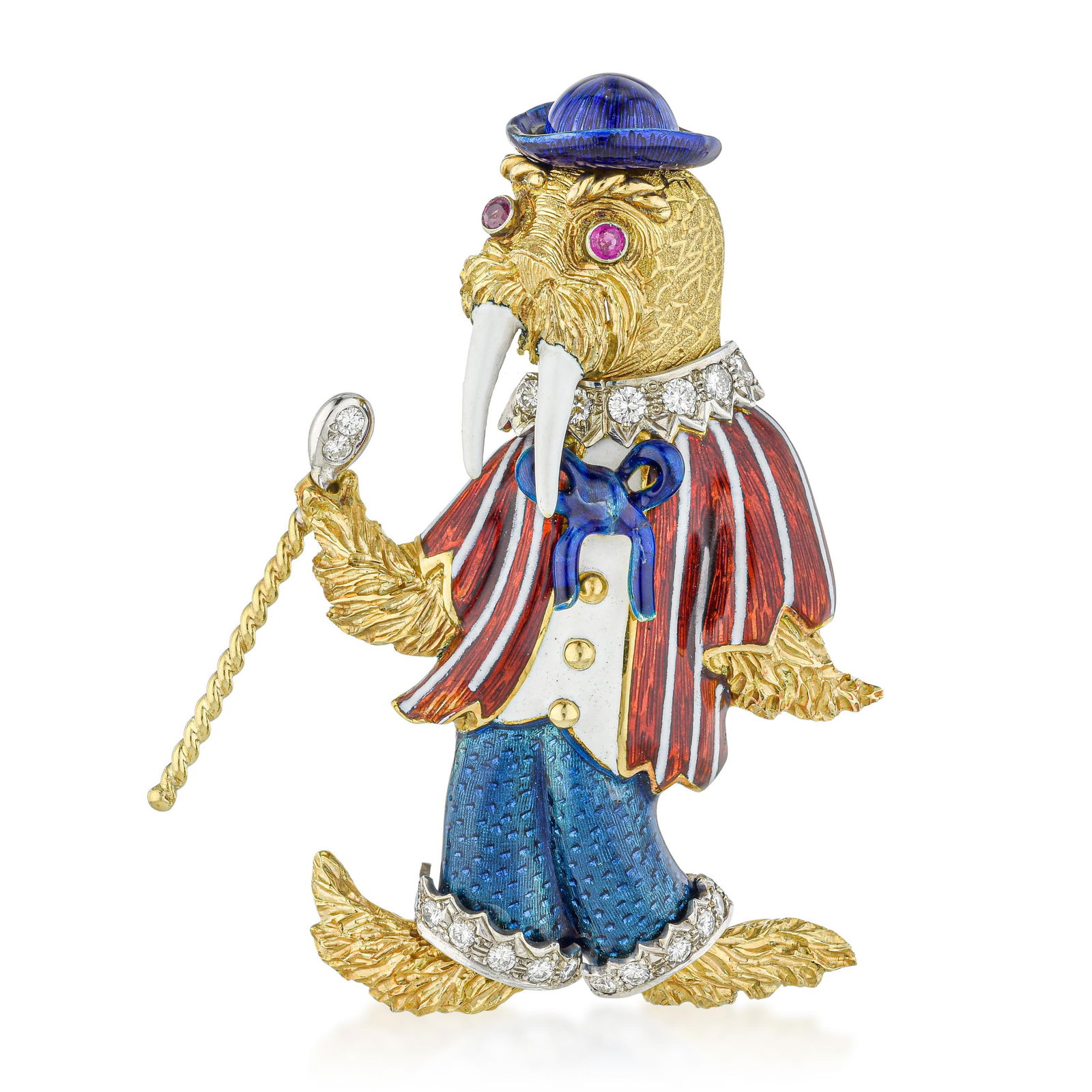 Vintage Walrus Enamel Brooch: A whimsical vintage walrus brooch crafted in 18K gold and richly accented with vibrant enamel. The walrus features ruby eyes, diamond details, and a delightful movable cane that adds playful charm.