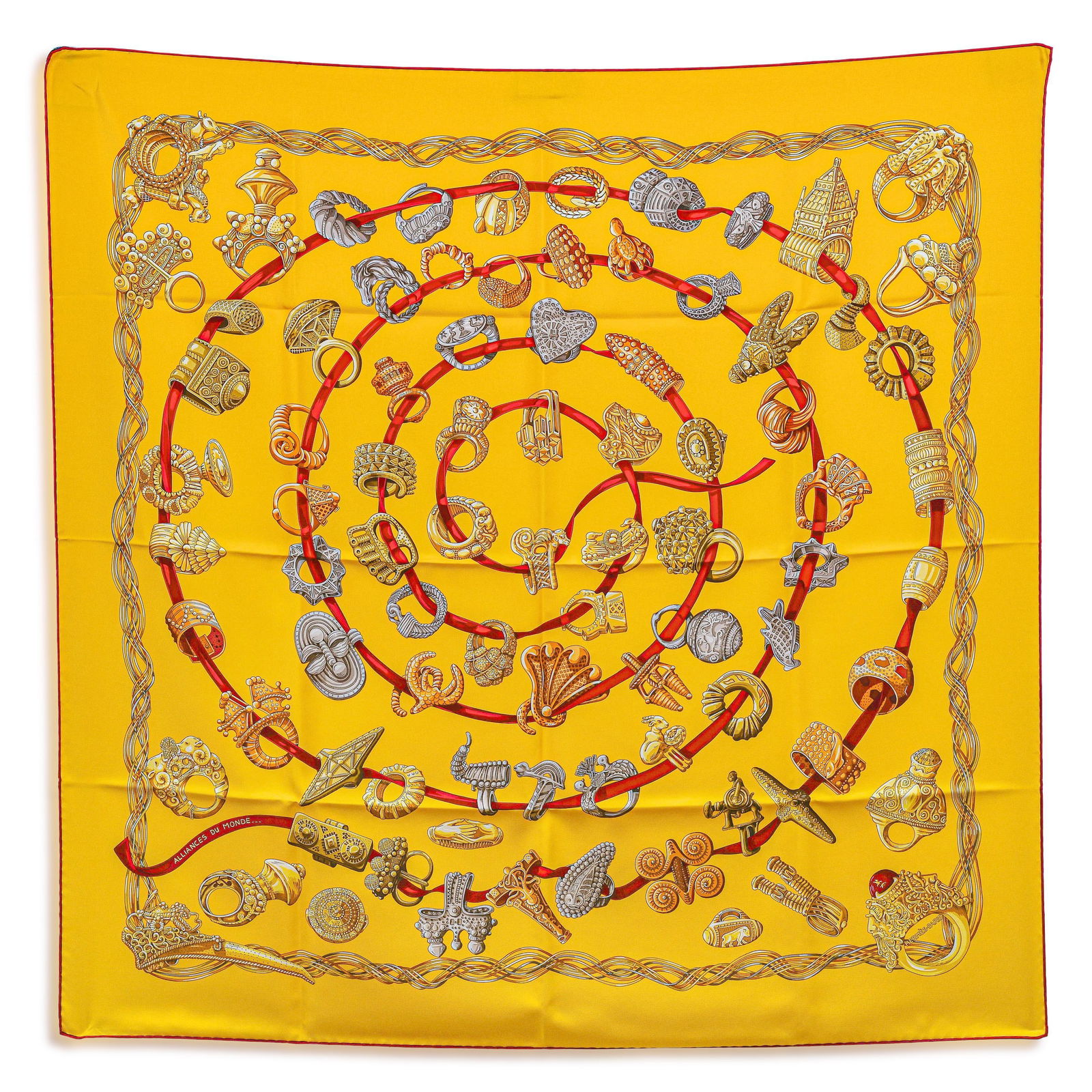 Hermes "Alliances du Monde" Silk Scarf, Designed by Annie Faivre: A beautifully intricate Hermes Alliances du Monde silk twill carre showcasing Annie Faivre's celebrated 2004/2005 design, inspired by a renowned collection of ornate rings from around the world—incl