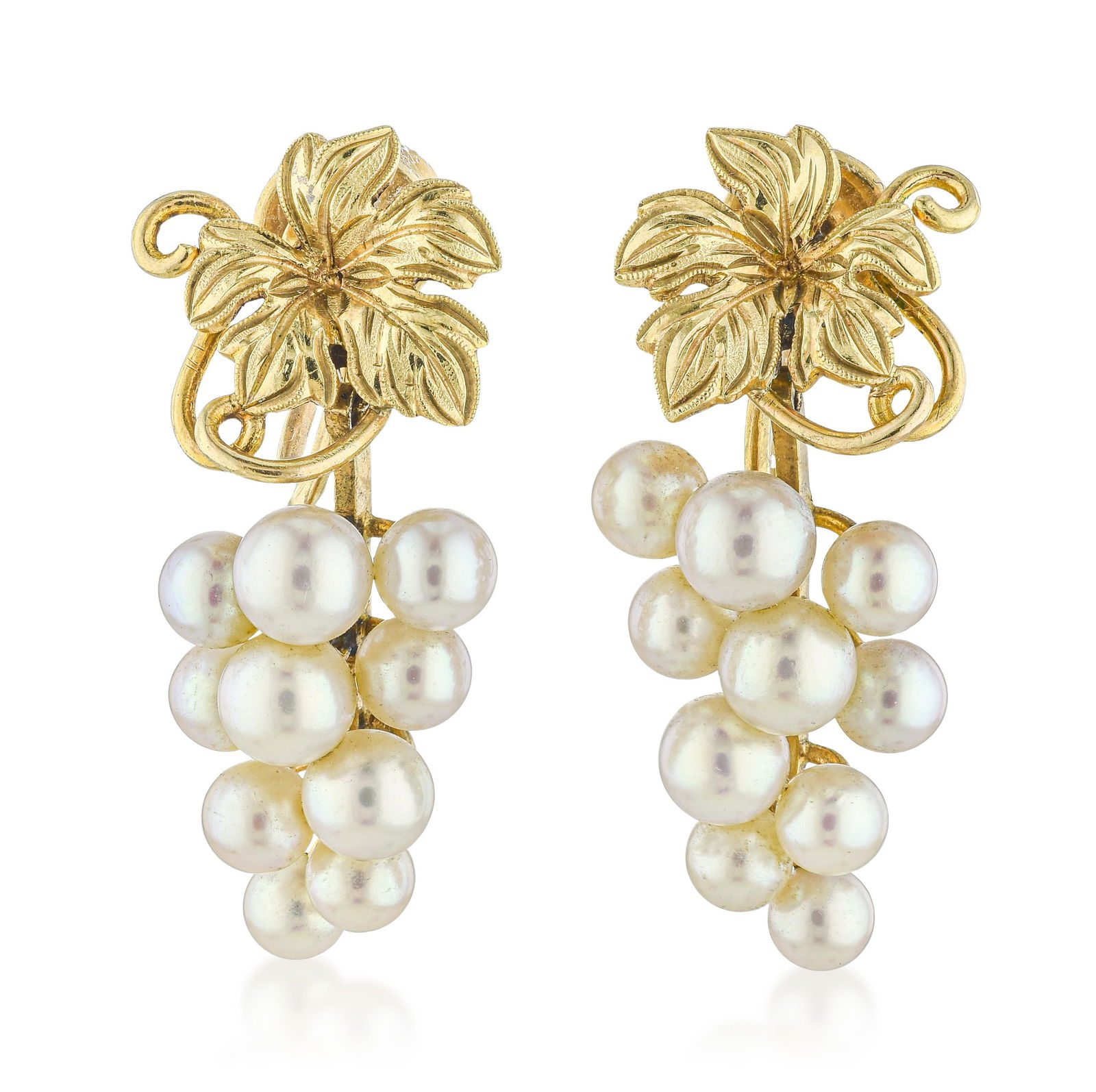 Vintage Grape Pearl Earrings: Summary of Key Characteristics • Metal: 14K yellow gold • Gemstone(s): Seed pearls approx. 3 mm x 2 mm • Measurements: 1 inch long • Weight: 6.6 g. • Condition: In