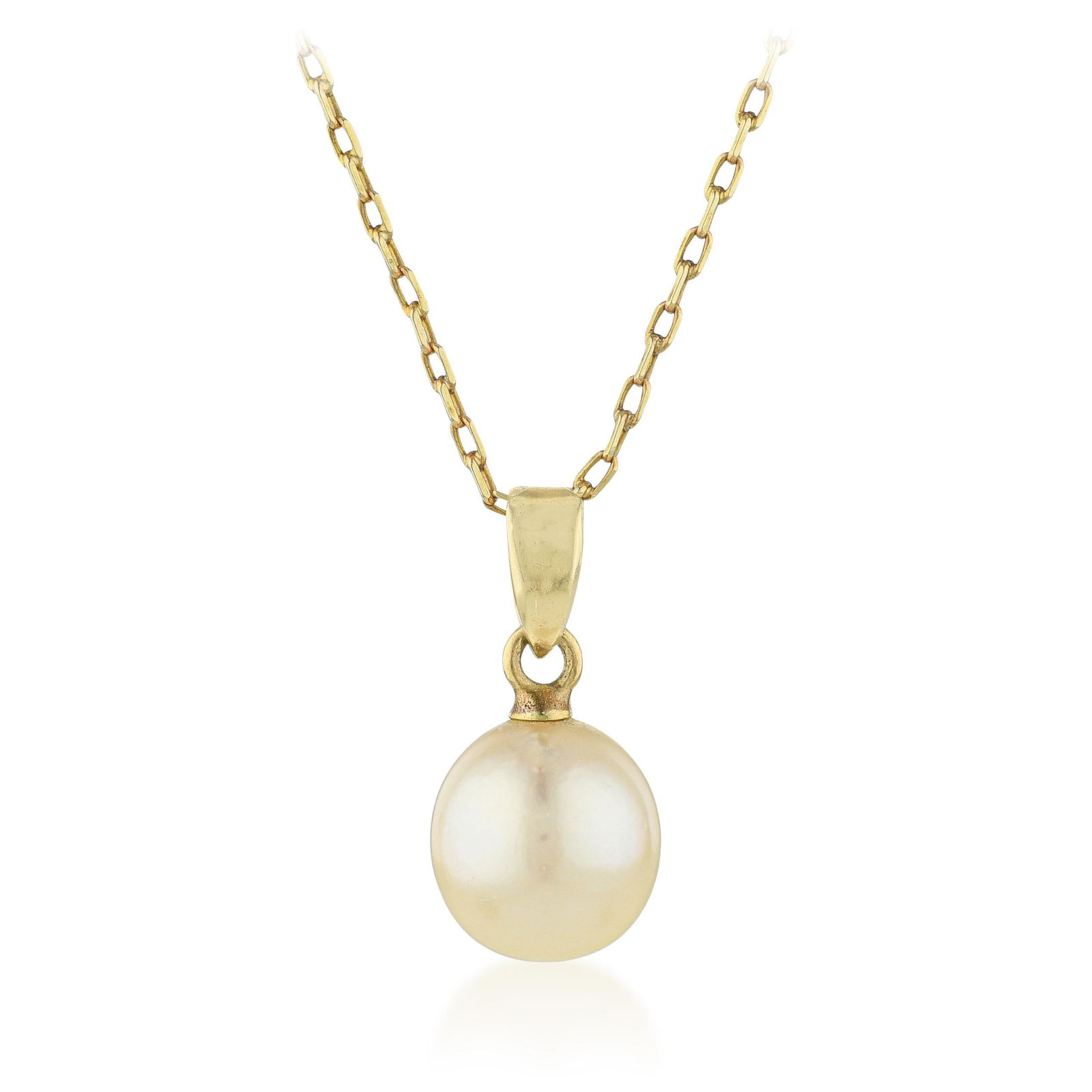 Mikimoto Pearl Pendant Necklace: Summary of Key Characteristics • Metal: 14K yellow gold • Gemstone(s): Round pearl approx. 7.30 mm • Measurements: 14mm pendant, 16 inches chain • Weight: 2 g. •