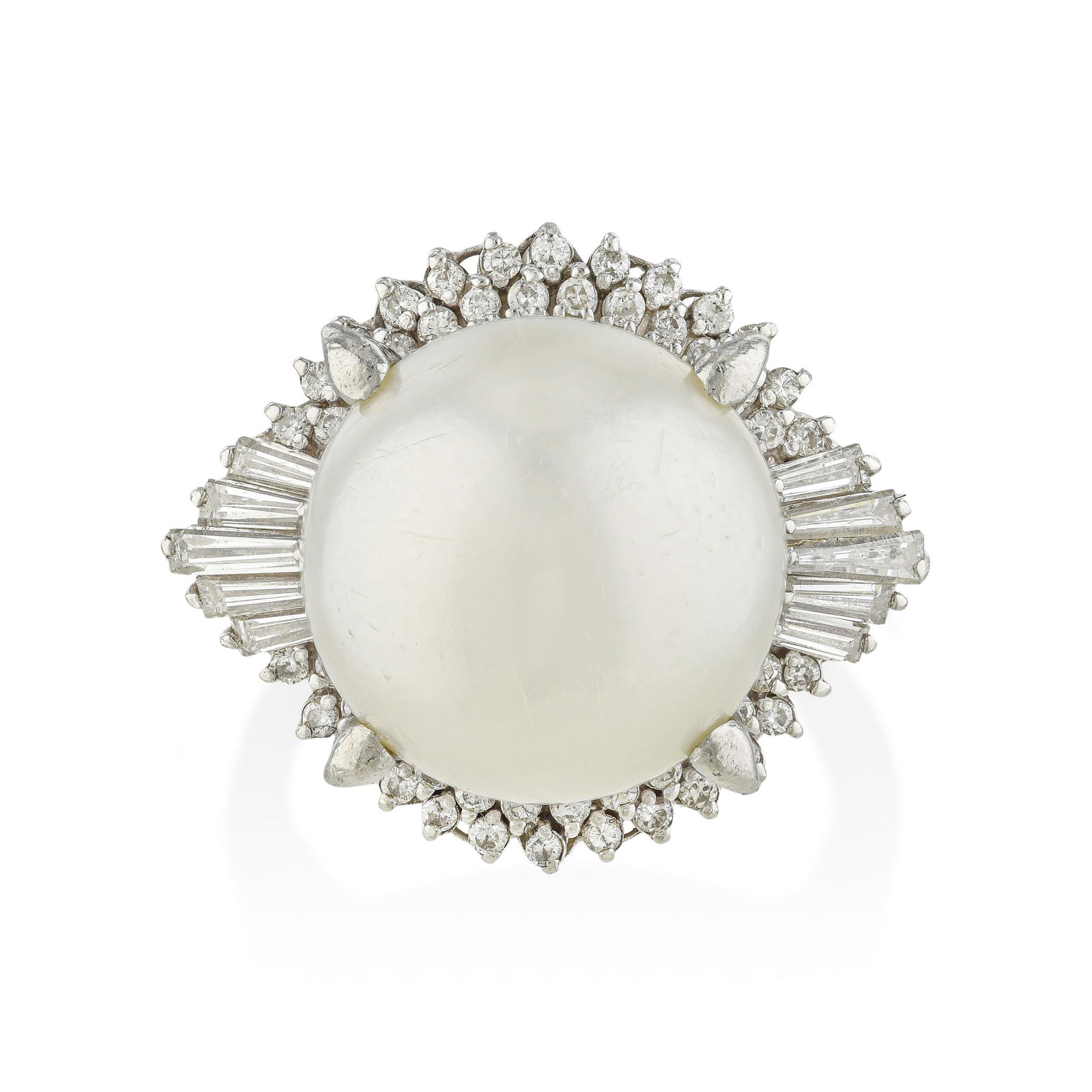 Pearl and Diamond Ring: Summary of Key Characteristics • Metal: platinum • Gemstone(s): (1) round pearl approx. 10 mm; mix cut diamonds approx. 0.70 carats total • Measurements: 20 mm at widest •