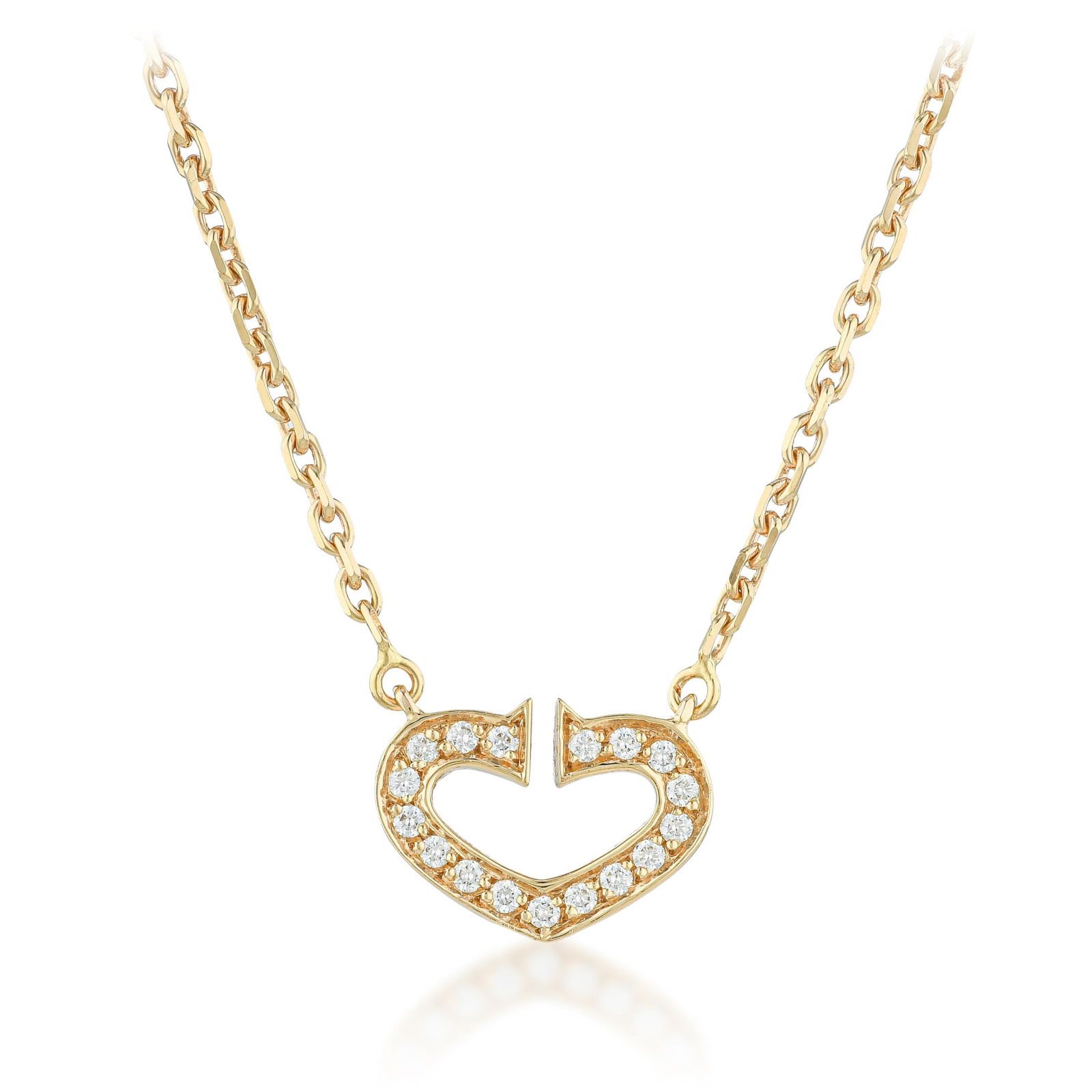 Cartier C Heart Diamond Necklace: Summary of Key Characteristics • Metal: 18K rose gold • Gemstone(s): Round brilliant cut diamonds approx. 0.09 carat total, most F-G/VS • Measurements: 15 inches • Weight:
