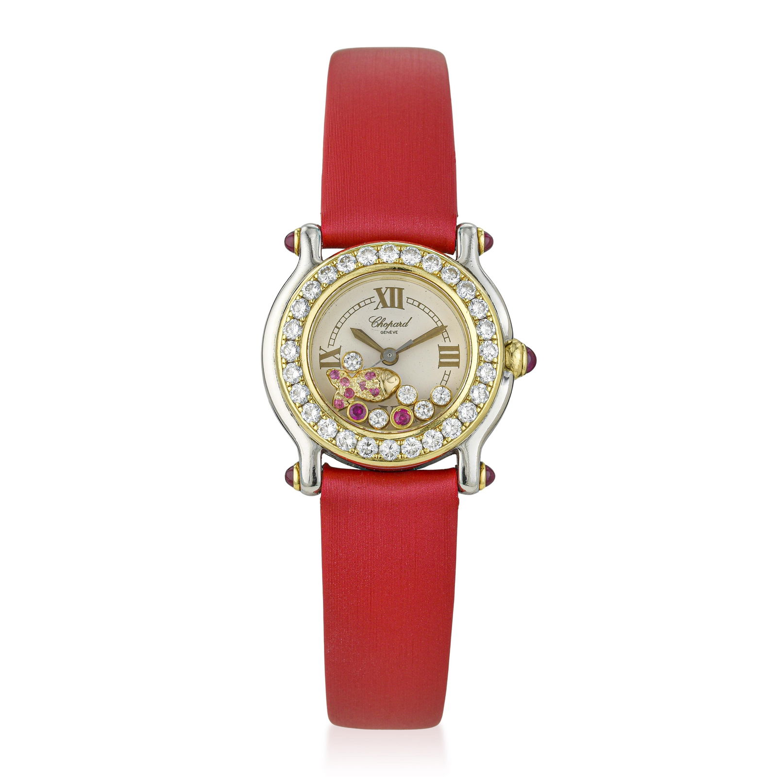 Chopard Happy Sport in Steel: Summary of Key Characteristics CIRCA: 1990s CASE MATERIAL: Stainless steel DIAL: White dial with gilt printing. Roman numerals at the "12," "3," "6" and "9" hour markers BRACELET MATERIAL: Red