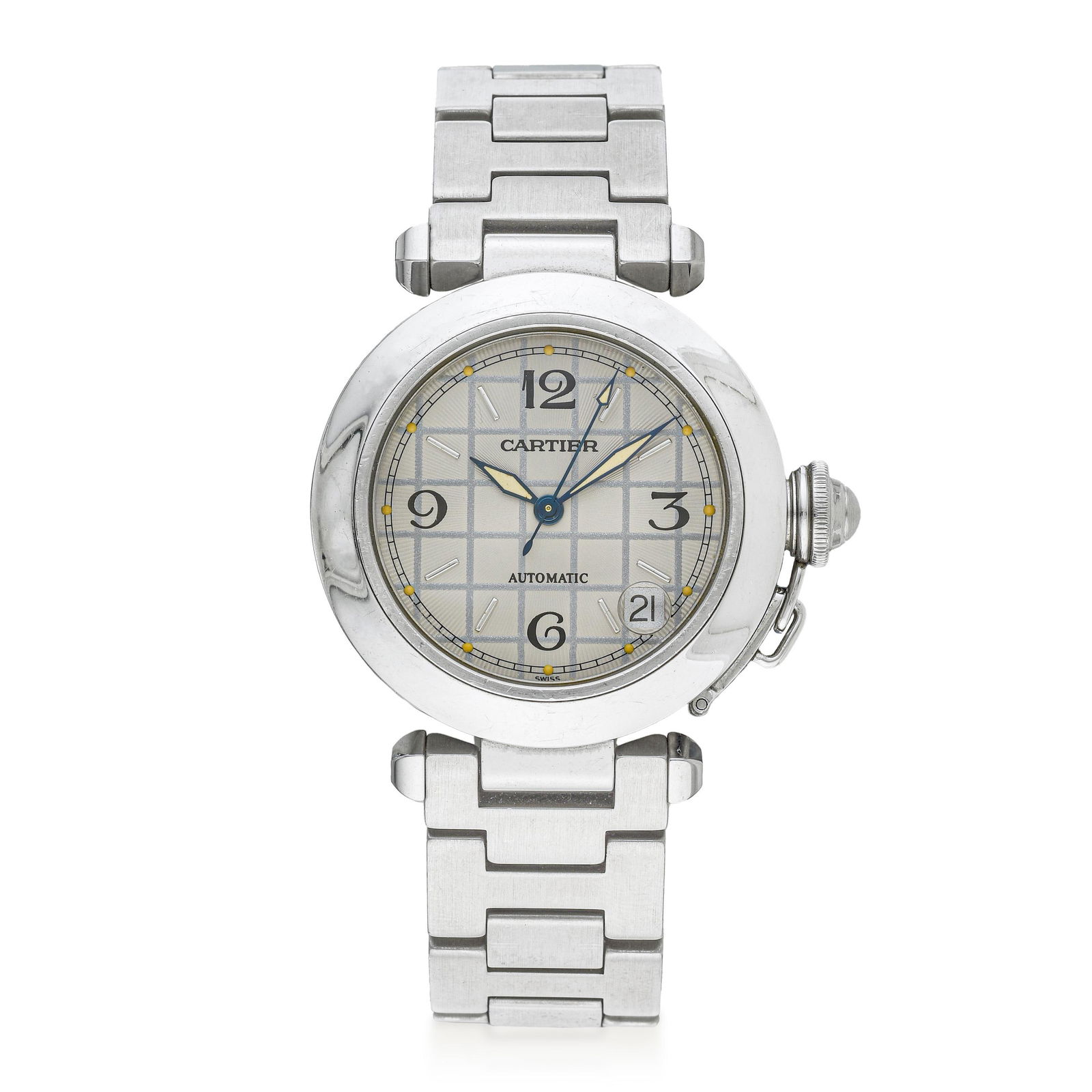 Cartier Pasha In Steel With Grid Dial: Summary of Key Characteristics CIRCA: 1990s CASE MATERIAL: Stainless steel DIAL: Opaline white guilloche dial with printed Arabic numerals and BRACELET MATERIAL: Original bracelet in steel CASE