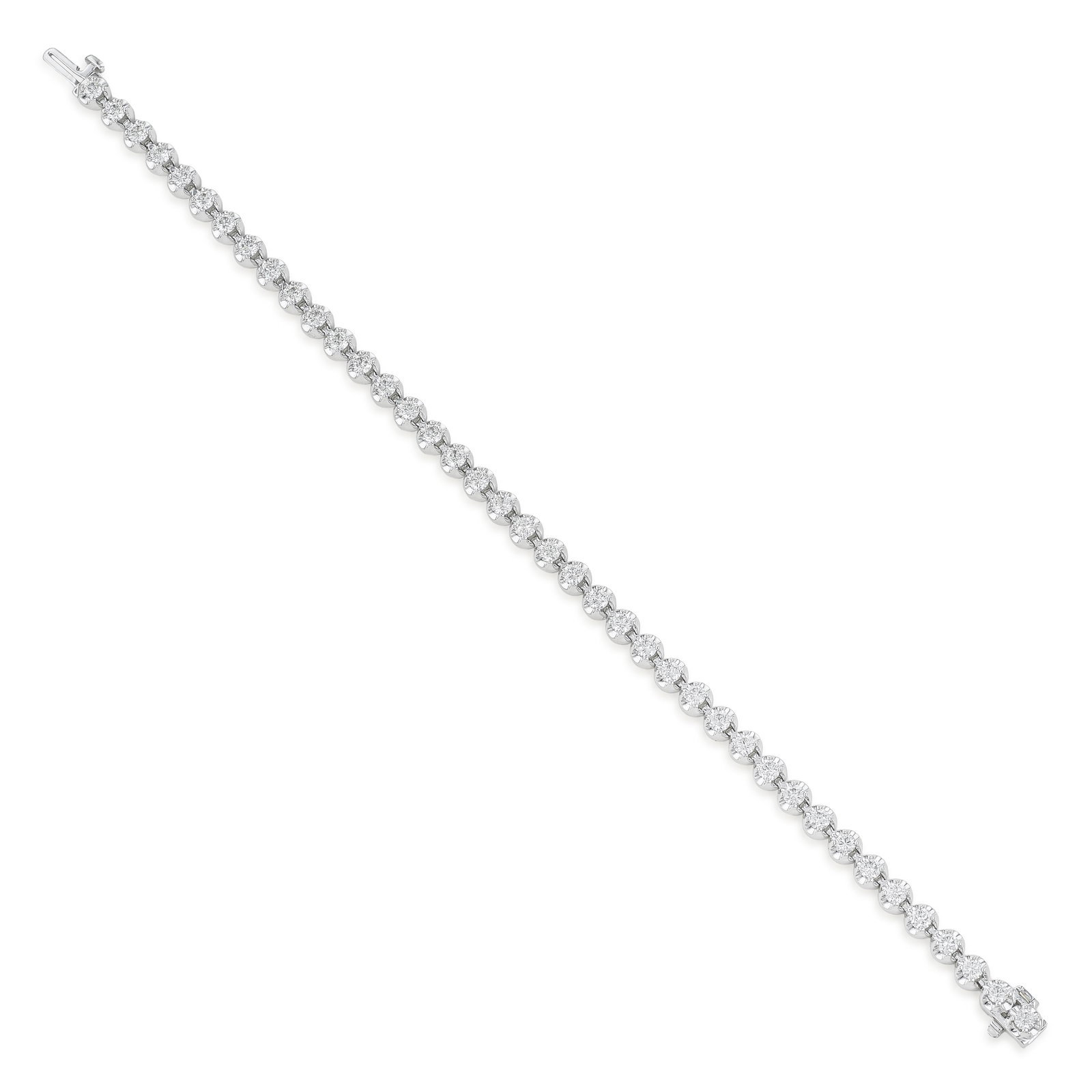4 Prong Butter Cup Setting Tennis Bracelet: Summary of Key Characteristics • Metal: 14K white gold • Gemstone(s): Round brilliant cut diamonds approx. 3.13 carats total, most J-KL/SI1-SI2 • Measurements: 7 inches length 