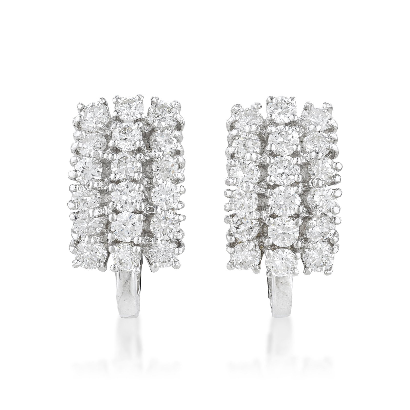 Diamond Cluster Earrings: Summary of Key Characteristics • Metal: 18k white gold • Gemstone(s): Round brilliant cut diamonds approx.2.00 carats , most G-H/VS-SI • Measurements: 12 mm at widest •