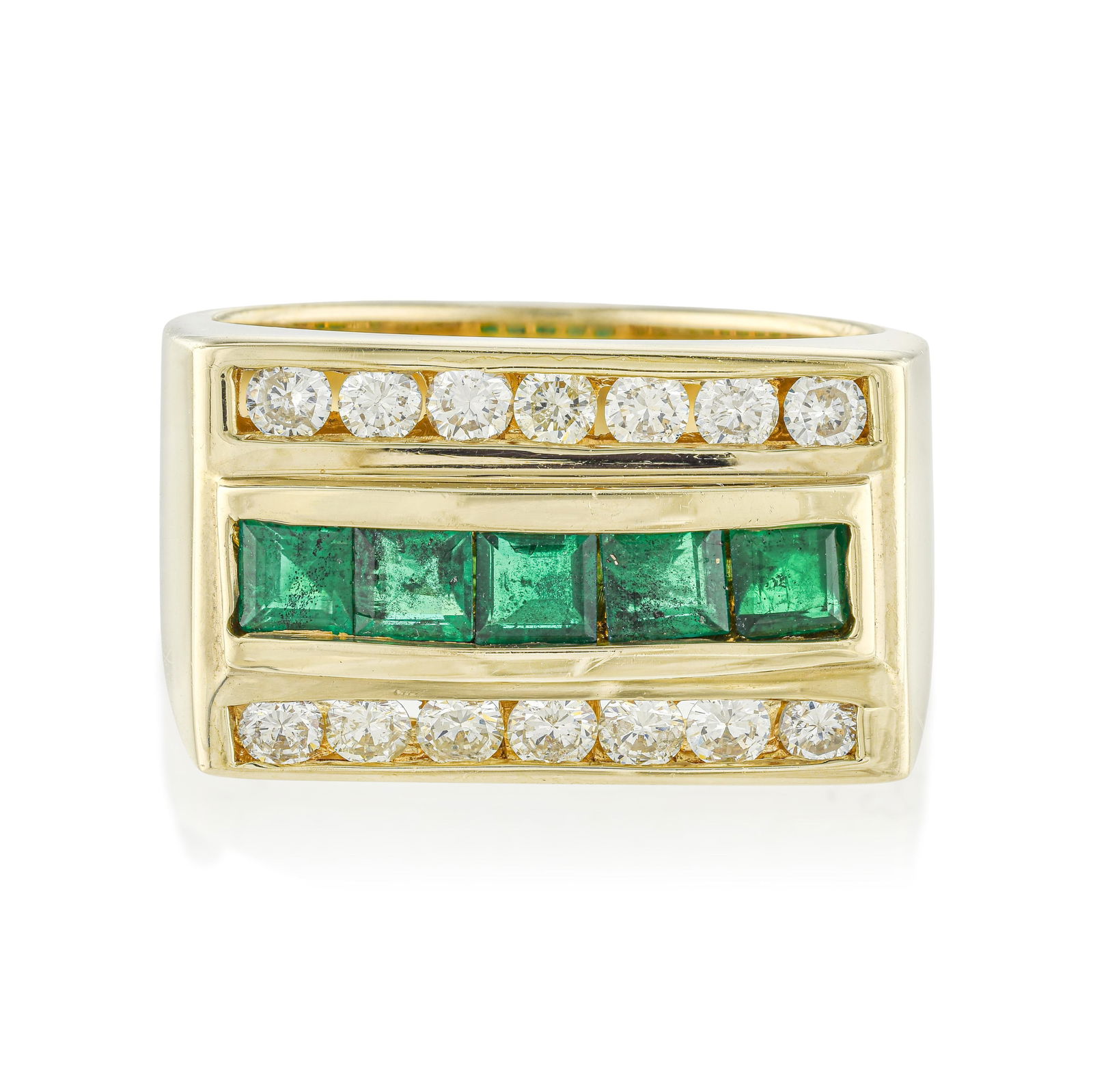 Emerald and Diamond Ring: Summary of Key Characteristics • Metal: 14K yellow gold • Gemstone(s): Square cut emeralds approx. 1.00 carats total; Round brilliant cut diamonds approx.0.50 carats total, most G-H/VS 