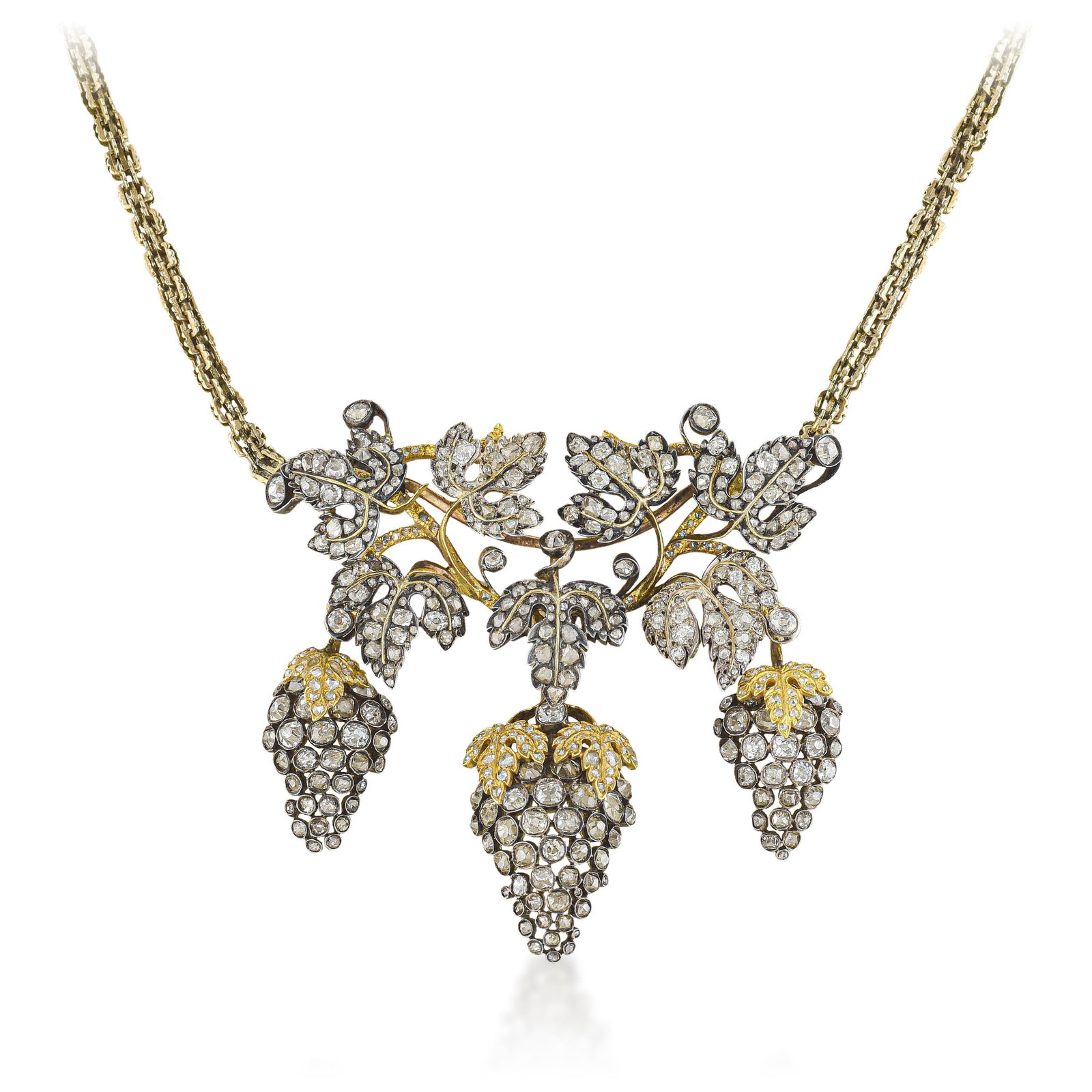 Antique Silver on Gold Diamond Grape and Leaf Necklace - 2