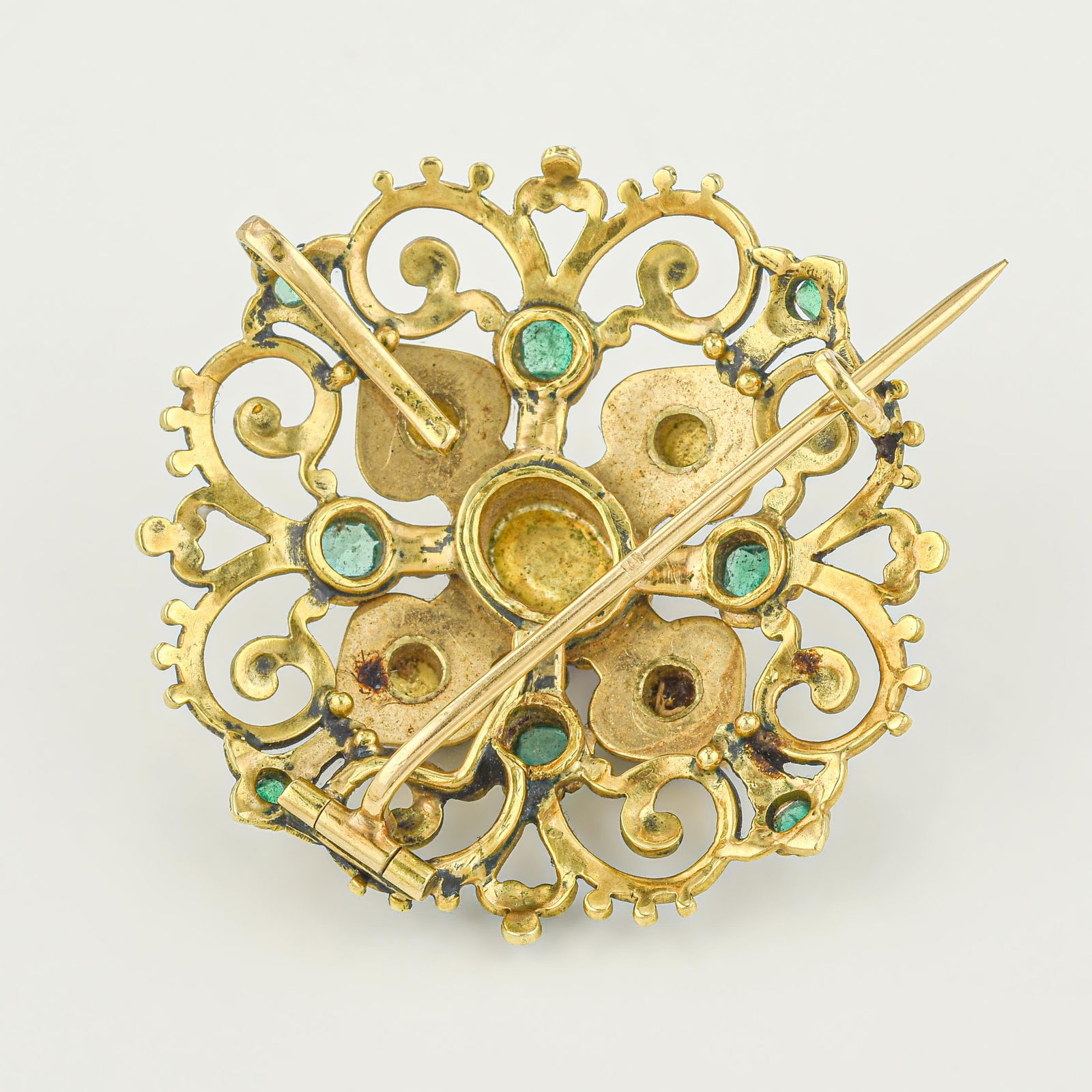 Victorian Gold Emerald Pearl and Enamel Brooch, French - 2