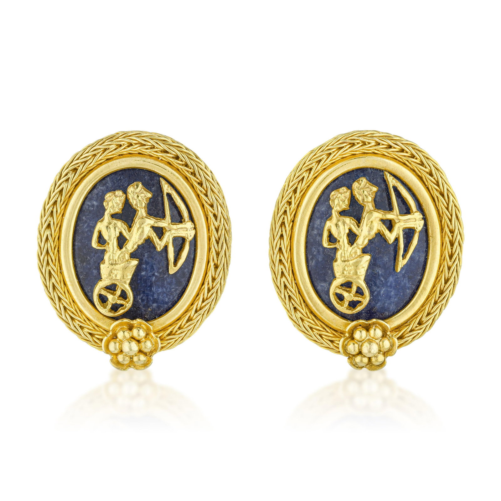 Sodalite Greek Motifs Omega Back Earrings: Summary of Key Characteristics • Metal: 18K yellow gold • Measurements: 1 inch long • Weight: 30 g. • Condition: In excellent condition. • Stamped: 750,Greece 