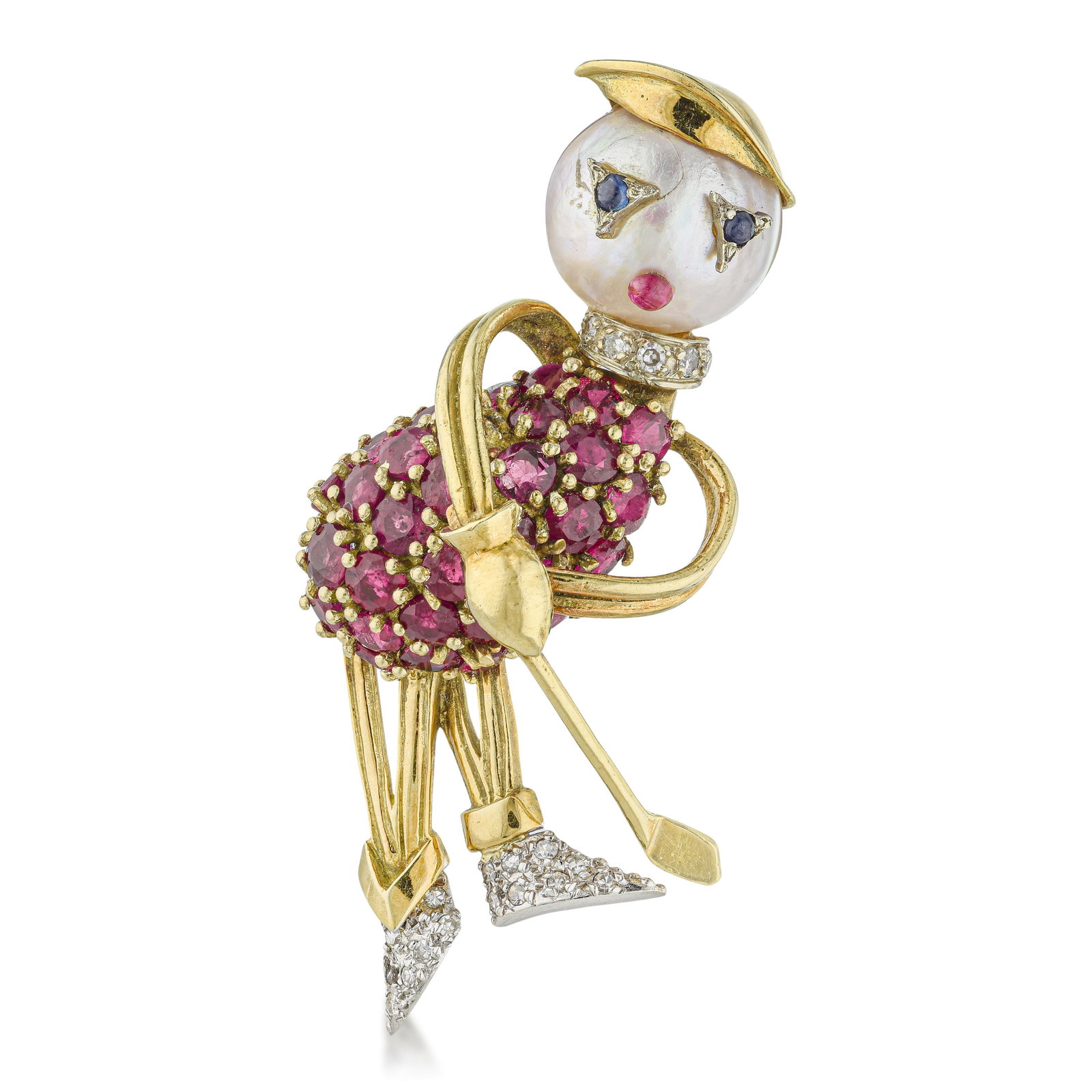 Pearl Golfer Brooch: Summary of Key Characteristics • Metal: 18K yellow gold • Gemstone(s): Round cut rubies approx. 5.00 carats total • Measurements: 2 1/4 inch long • Weight: 14 g. 