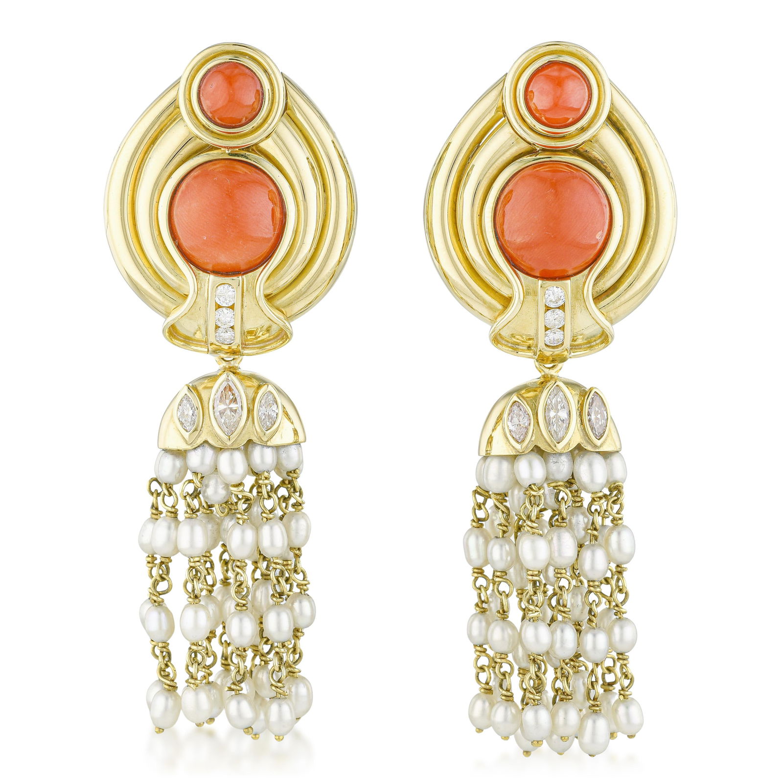 Vintage Coral Diamond and Pearl Tassel Earrings: Summary of Key Characteristics • Metal: 18K yellow gold • Gemstone(s): Mix cut diamond approx. 1.40 carats total ,most G-H/VS • Measurements: 3 inch long • Weight: 61.2 g.