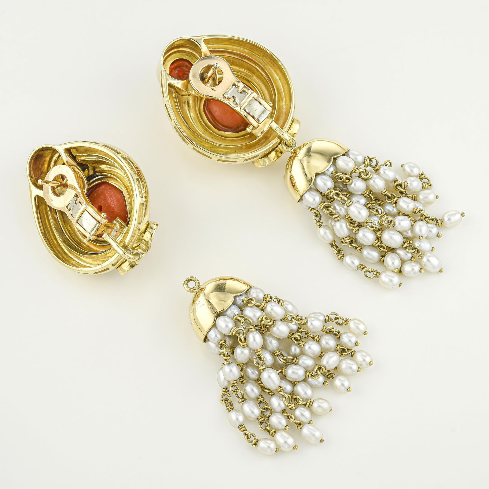 Vintage Coral Diamond and Pearl Tassel Earrings - 2