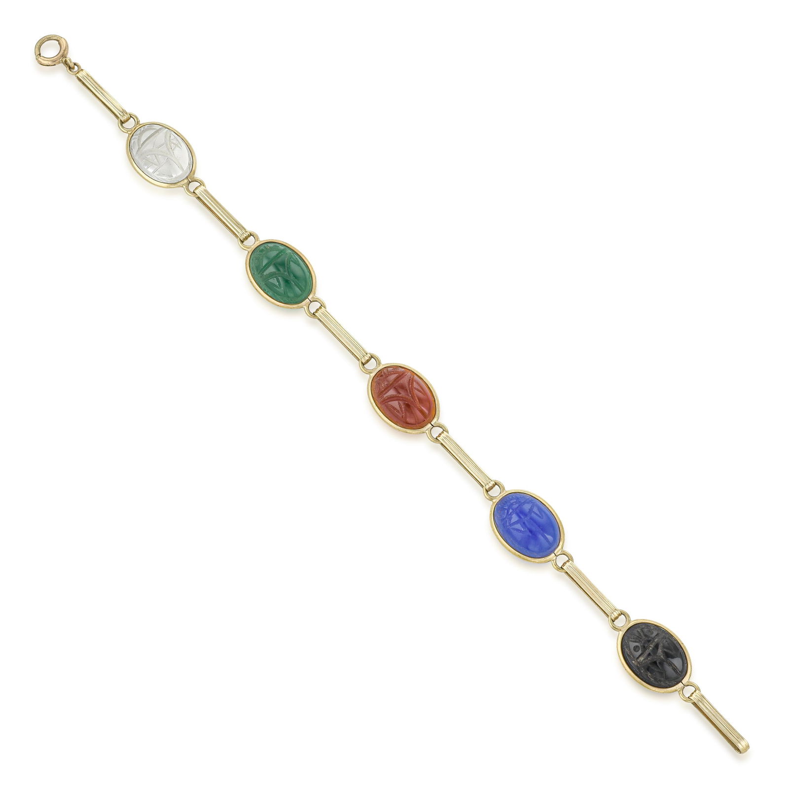 Vintage Multi-Gemstone Scarab Gold Bracelet: Summary of Key Characteristics • Metal: 10K yellow gold • Measurements: 7 1/4 inch • Weight: 9.1 g. • Condition: In very good condition. • Stamped: 10 KT 